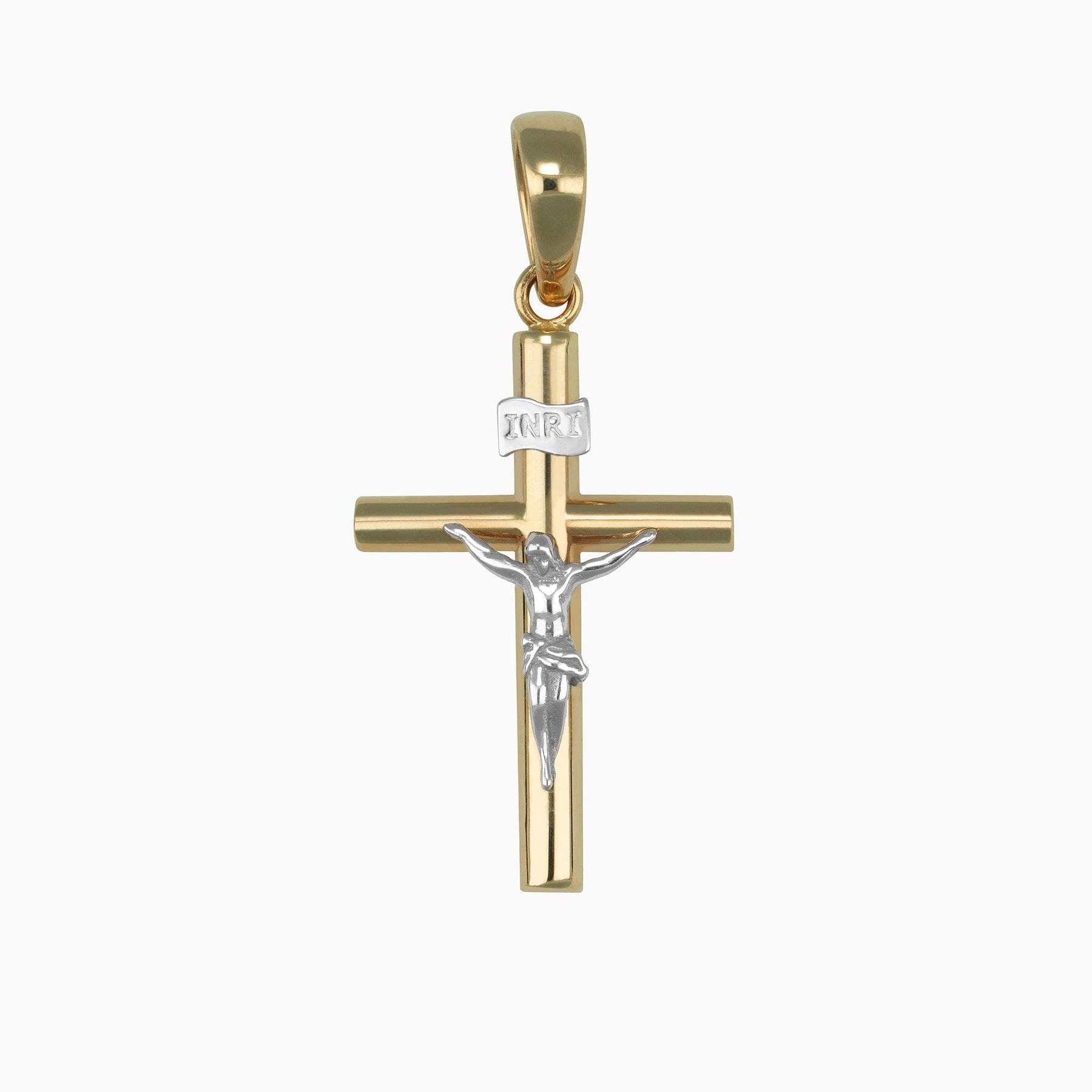 Tubular Cross Pendant with Christ in 14k White & Yellow Gold