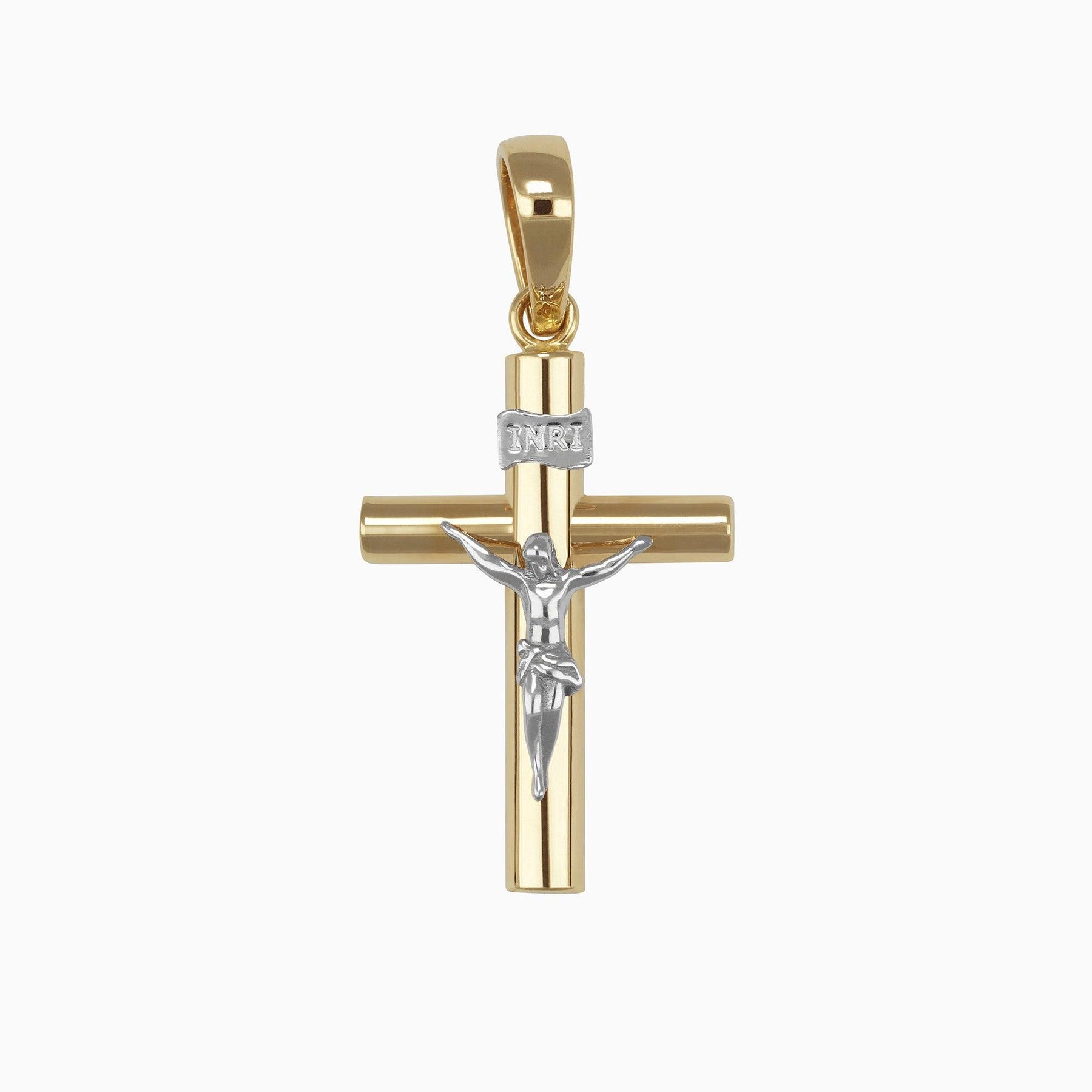 Dije Cruz Tubular con Cristo Oro Amarillo & Blanco 14k