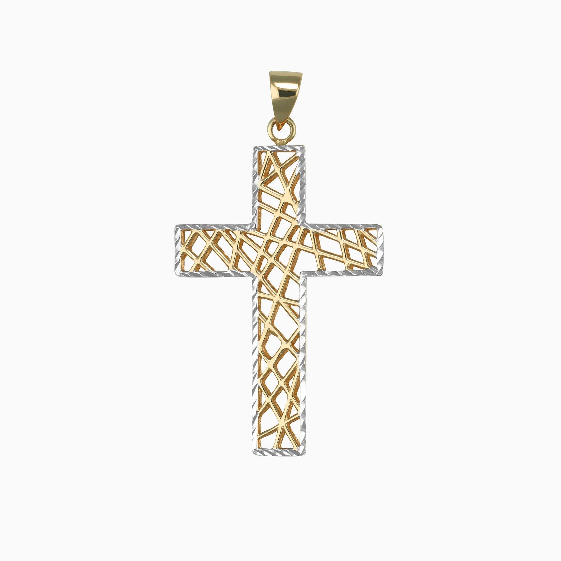 Dije Cruz Diamantada con Polígonos Centrales Oro Amarillo & Blanco 14k