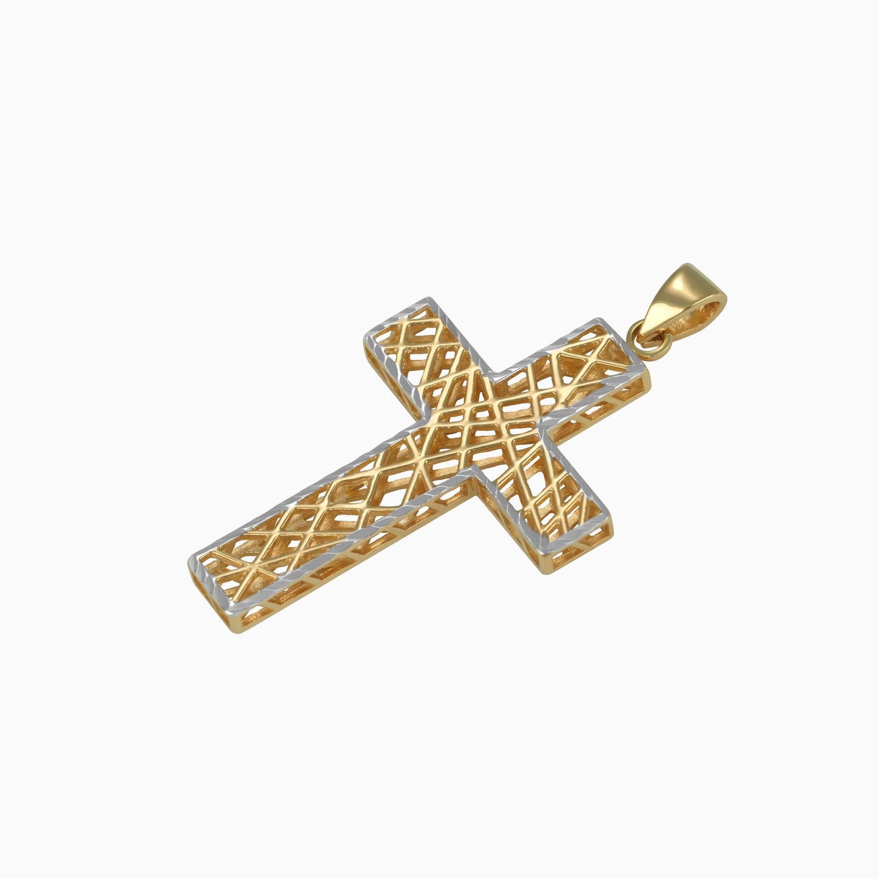 Dije Cruz Diamantada con Polígonos Centrales Oro Amarillo & Blanco 14k