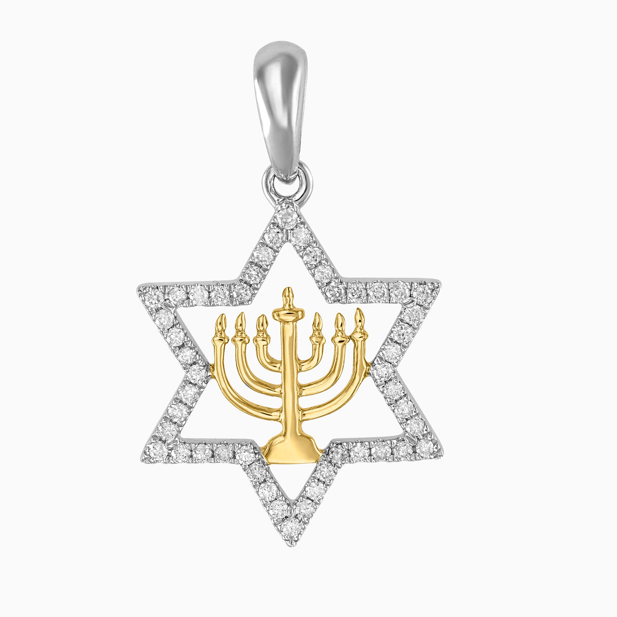 Dije "Menorah" Dentro Estrella Israelita Full Ice Oro Amarillo & Blanco 14k con Diamantes