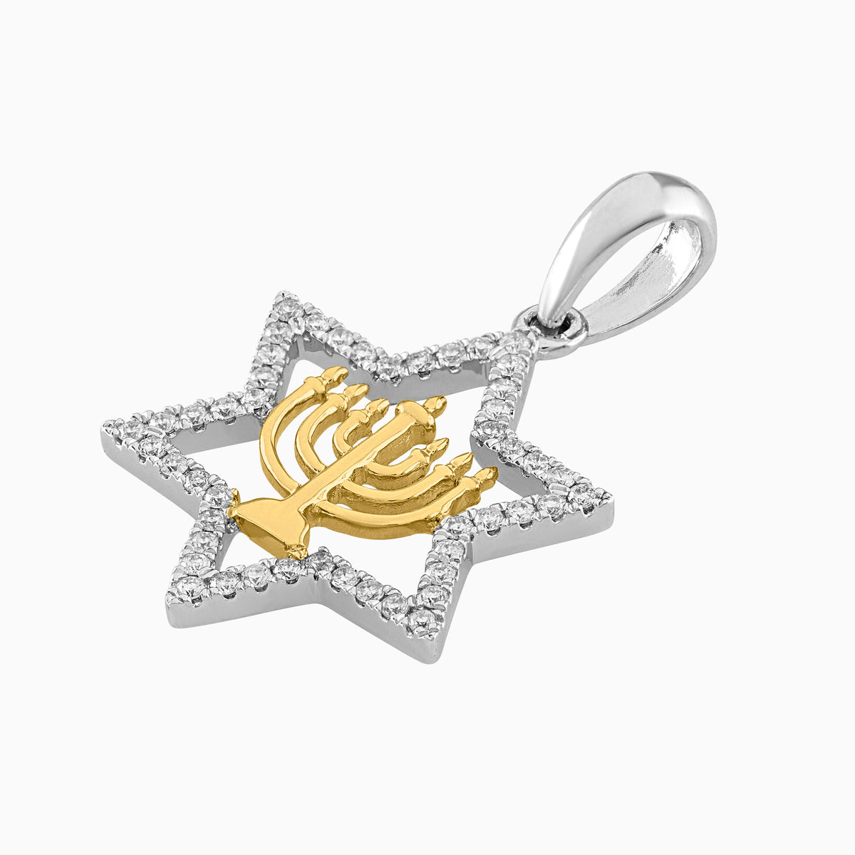 Dije "Menorah" Dentro Estrella Israelita Full Ice Oro Amarillo & Blanco 14k con Diamantes