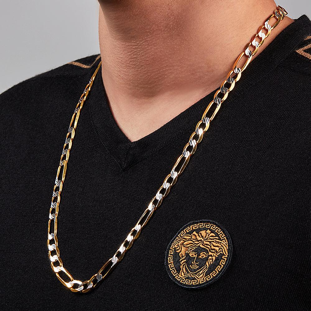 14k Gold Chain Unisex Figaro Fabric Diamond Rhodium Plated