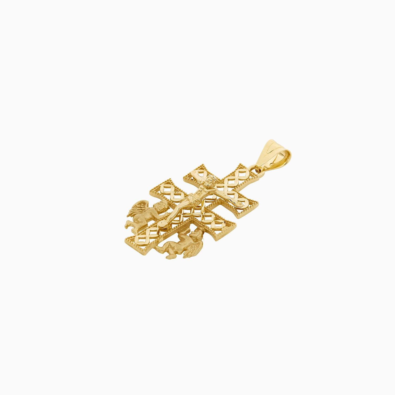 Dije Cruz con Cristo & Ángeles Oro 14k