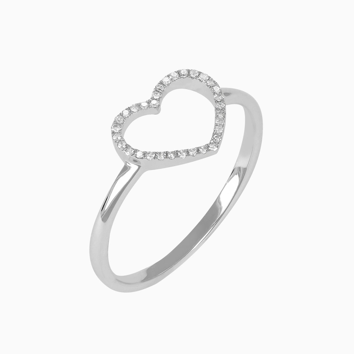 Anillo Figura Corazón Hueco 14k Oro Blanco con Diamantes