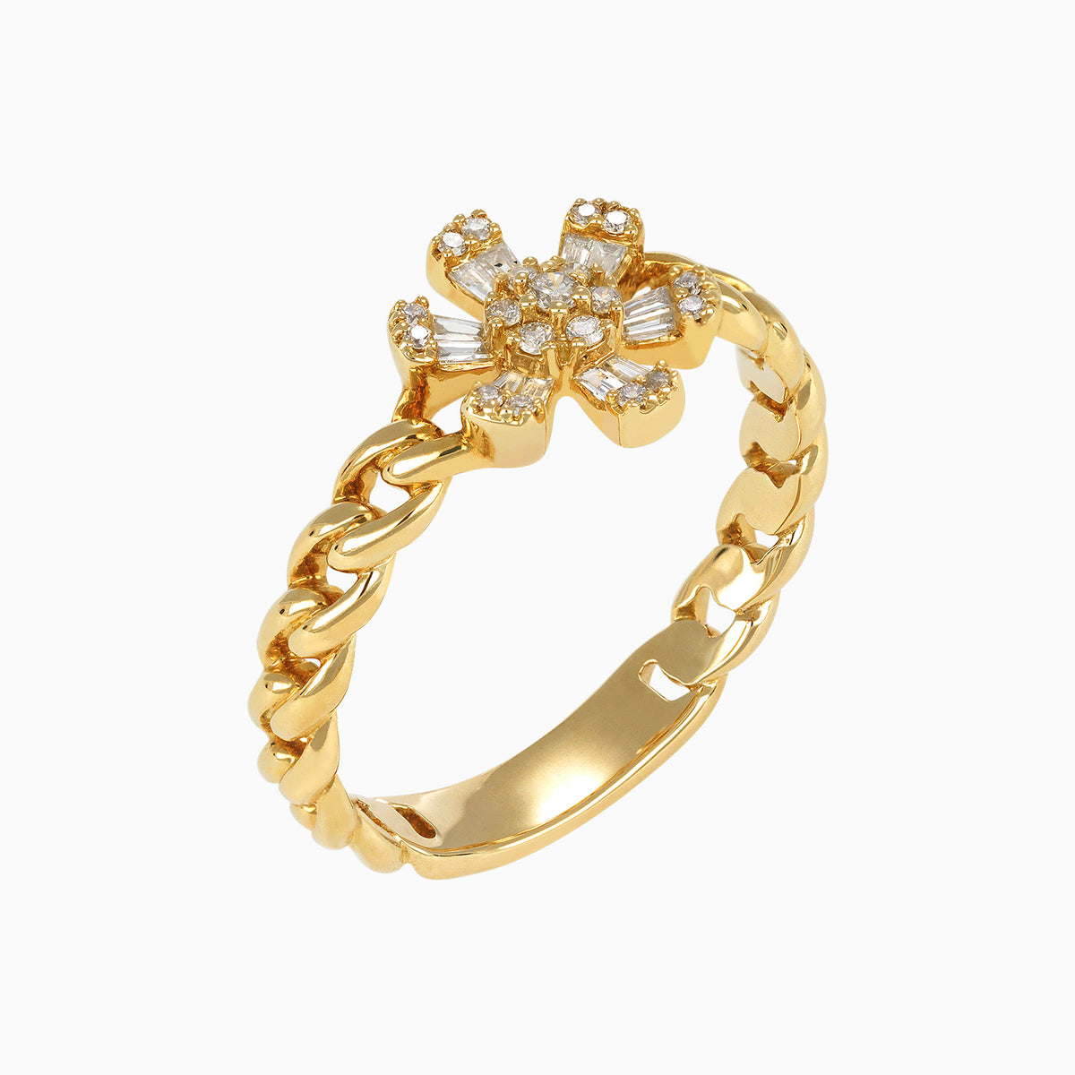 Anillo Eslabones Entrelazados & Flor Central 14k con Diamantes