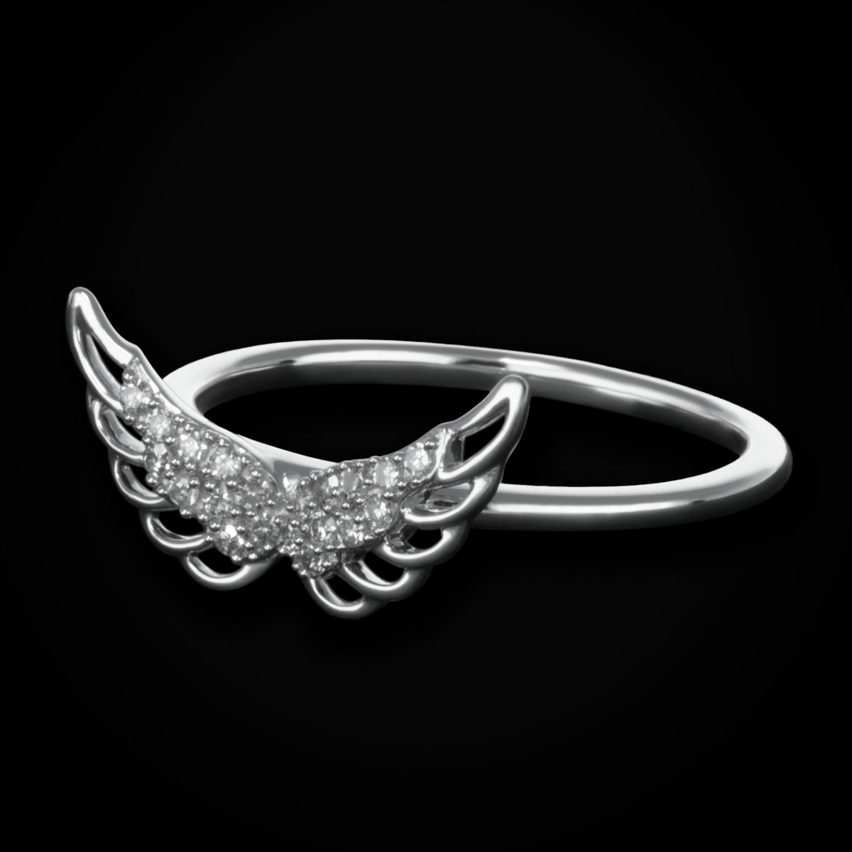 Anillo Alas Centro Full Ice Plumas Huecas 14k Oro Blanco con Diamantes + Estuche