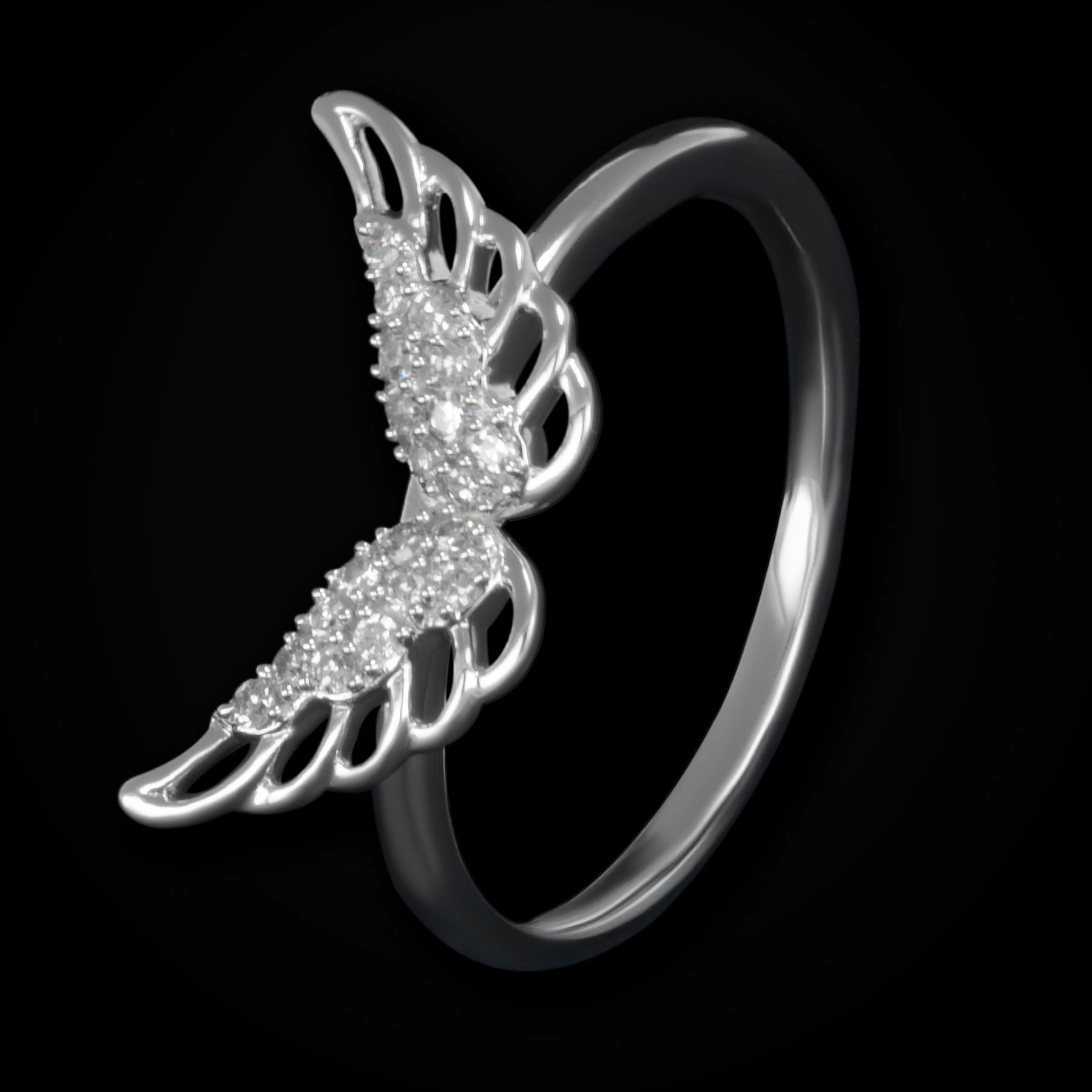 Full Ice Center Wings Ring with Hollow Feathers, 14k White Gold with Diamonds + Case