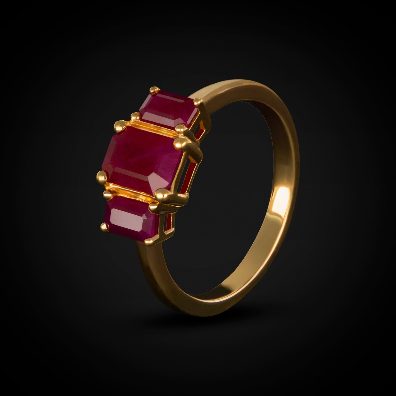 Anillo con 3 Rubies corte Baguette 14k + Estuche