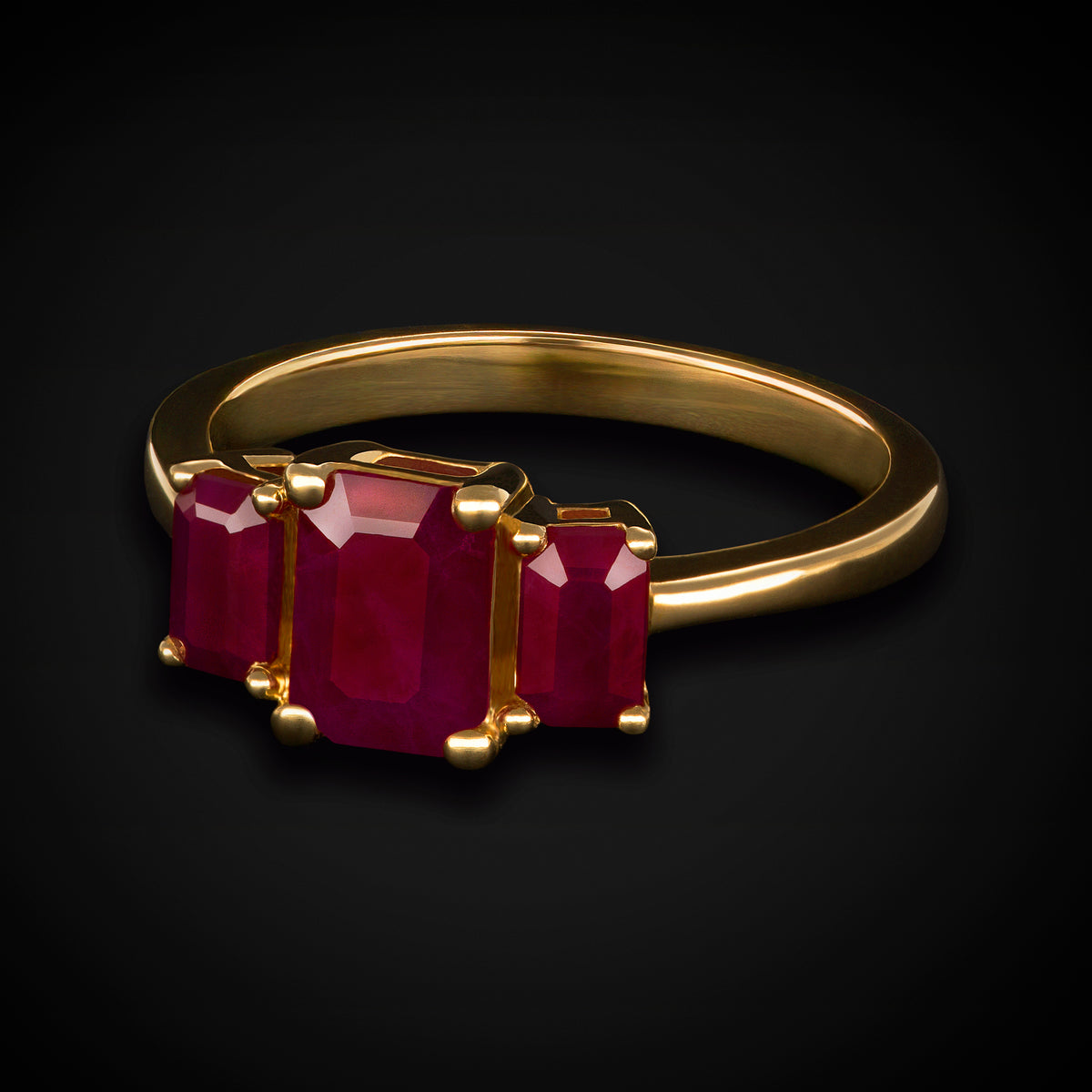 Anillo con 3 Rubies corte Baguette 14k + Estuche