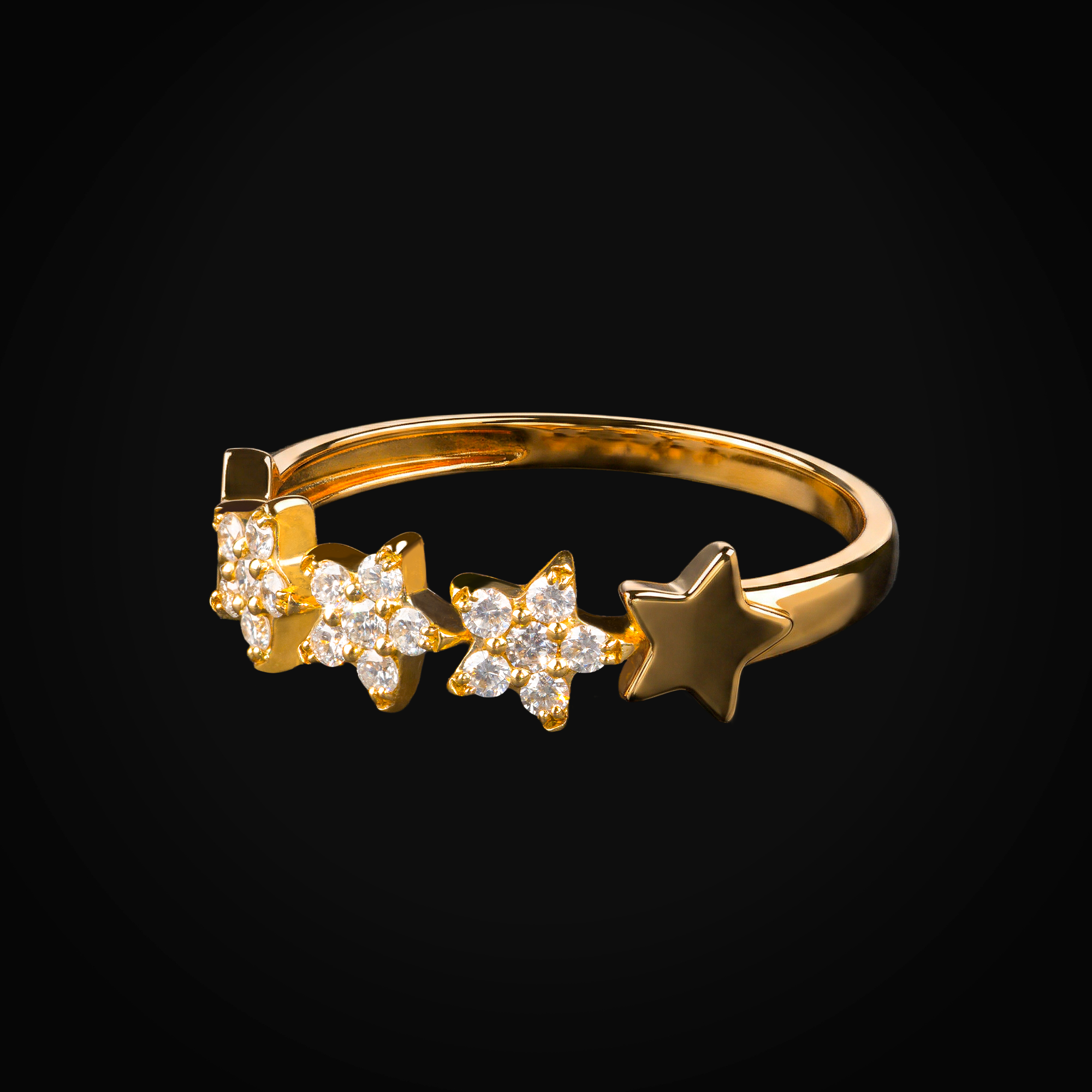 Anillo 3 estrellas full ice y 2 lisas 14k oro amarillo con + Estuche