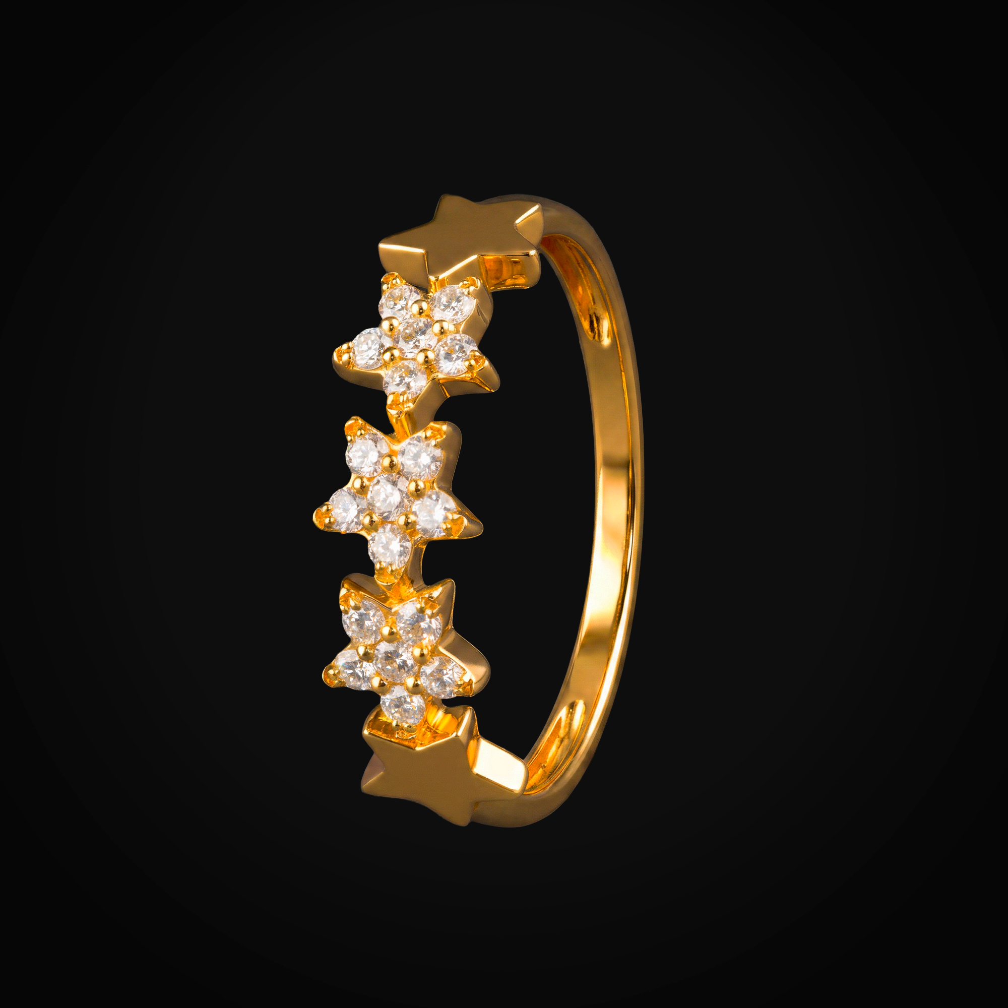 Anillo 3 estrellas full ice y 2 lisas 14k oro amarillo con + Estuche