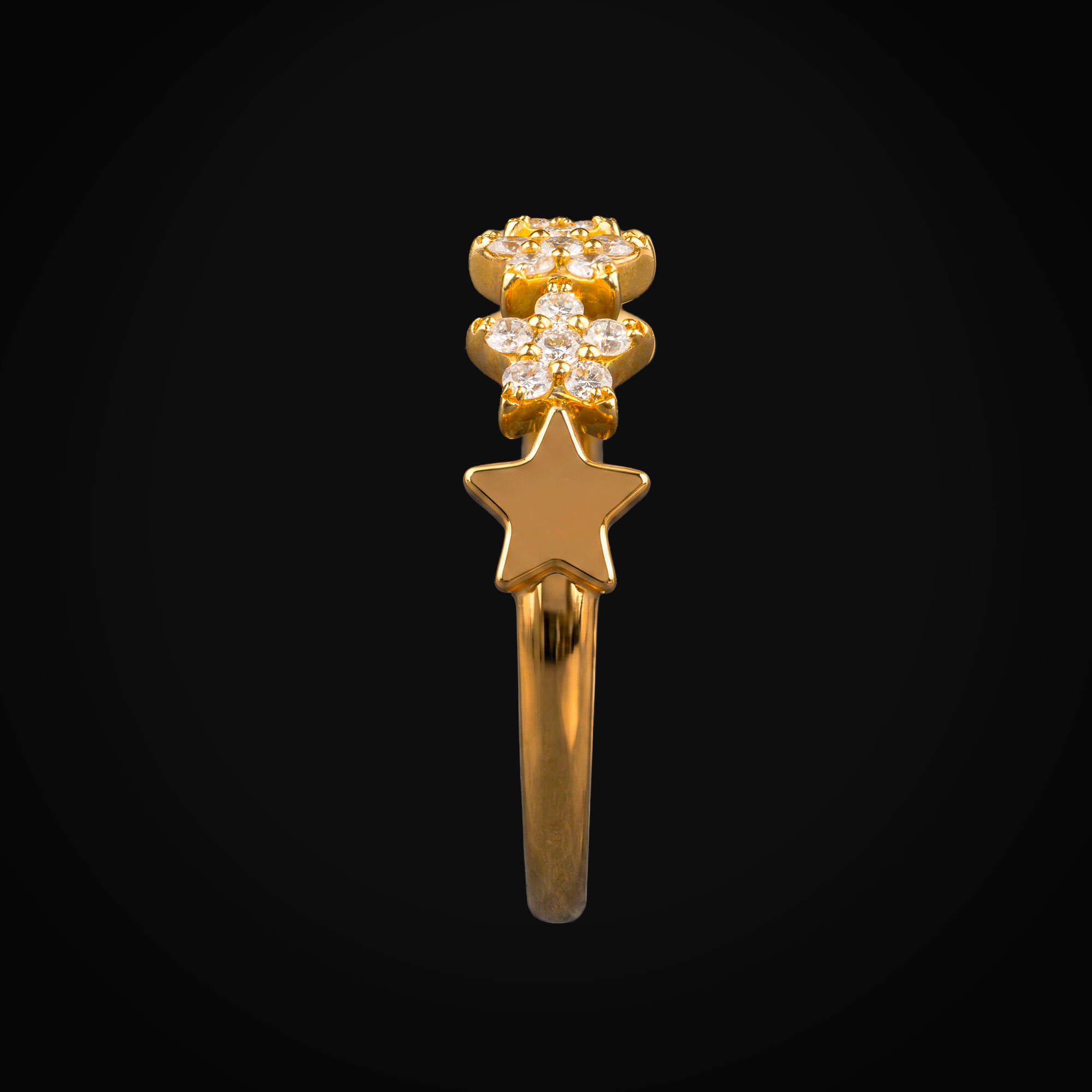 Anillo 3 estrellas full ice y 2 lisas 14k oro amarillo con + Estuche