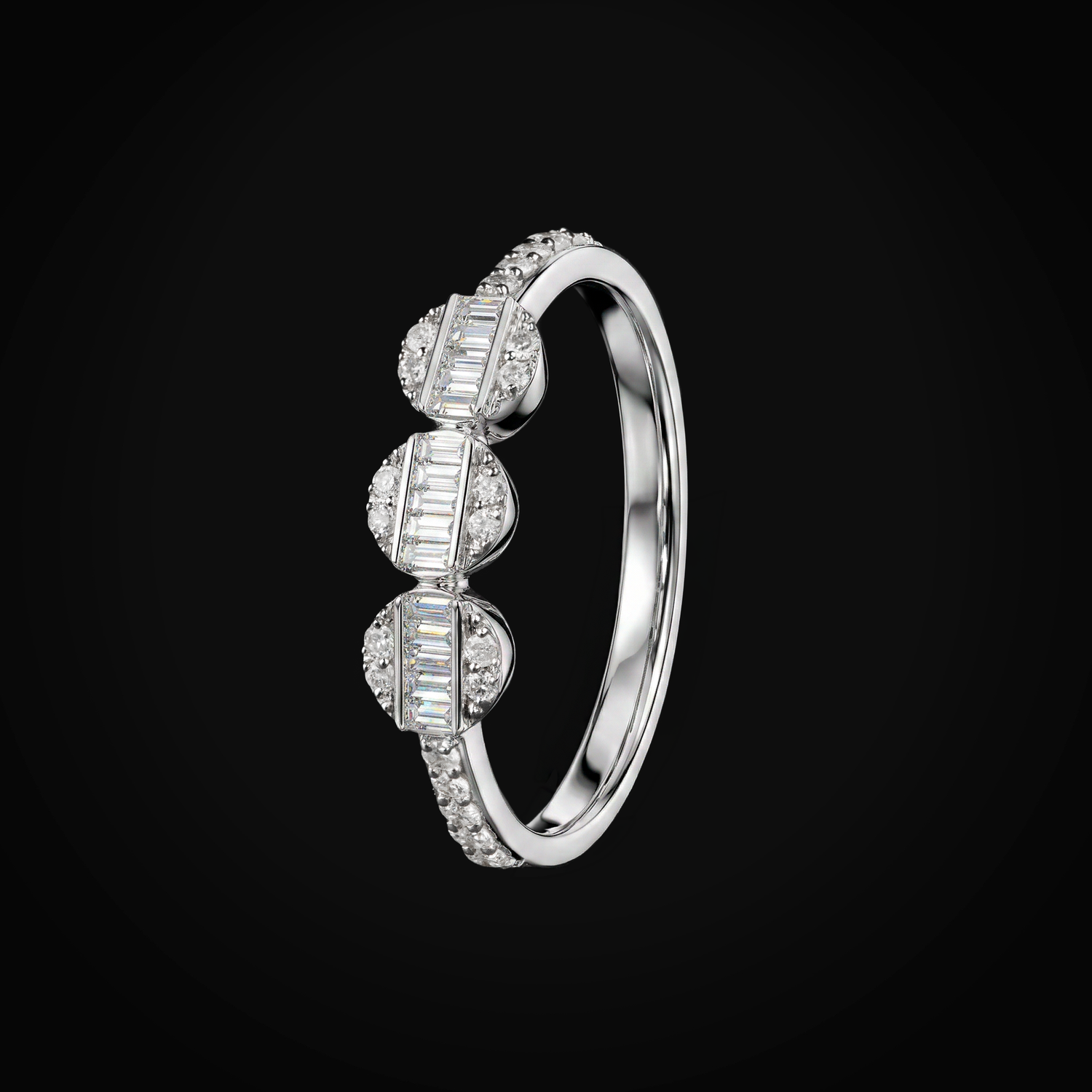 Anillo media churumbela con 3 círculos full ice baguettes centrales 14k oro blanco con diamantes + Estuche