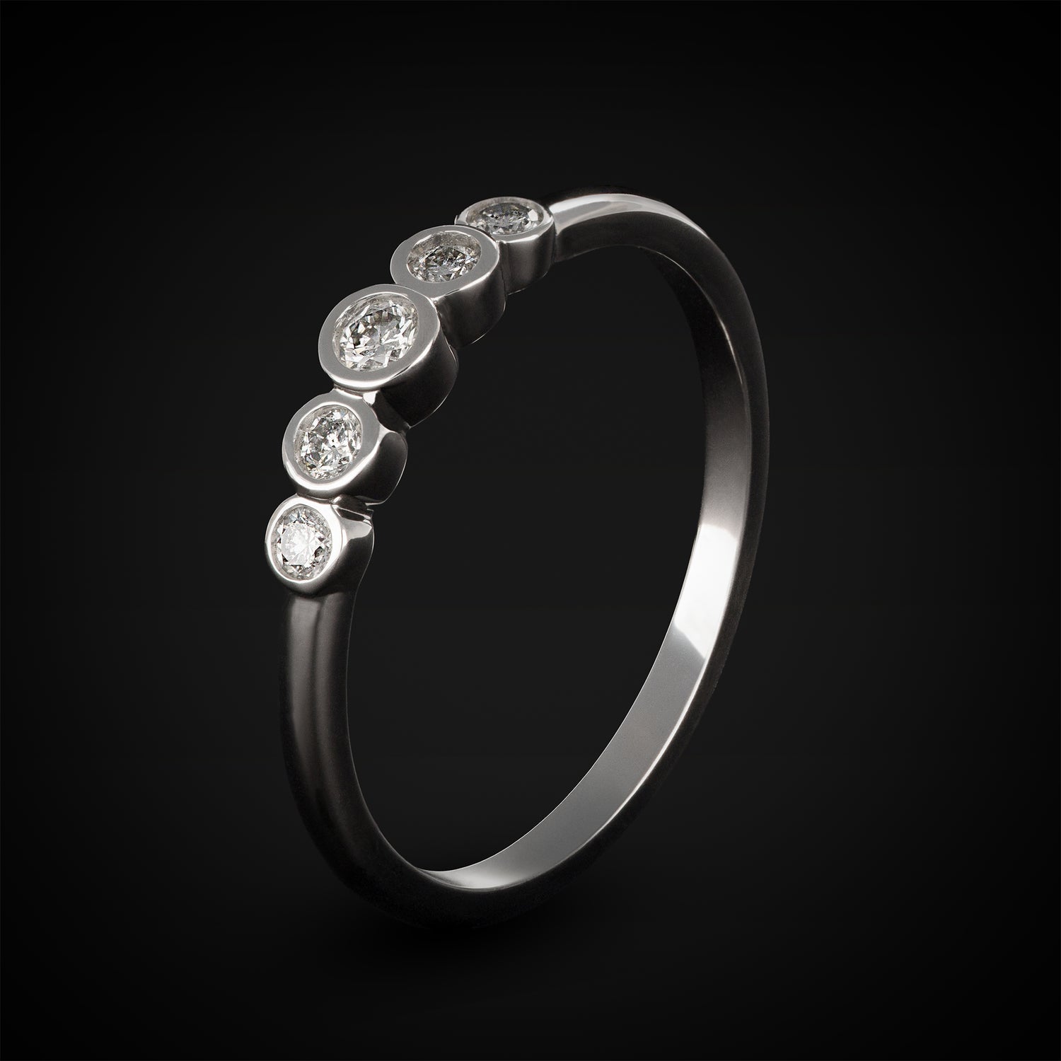 Anillo Liso con 5 marcos Redondos 14k Oro Blanco 14k con Diamantes + Estuche
