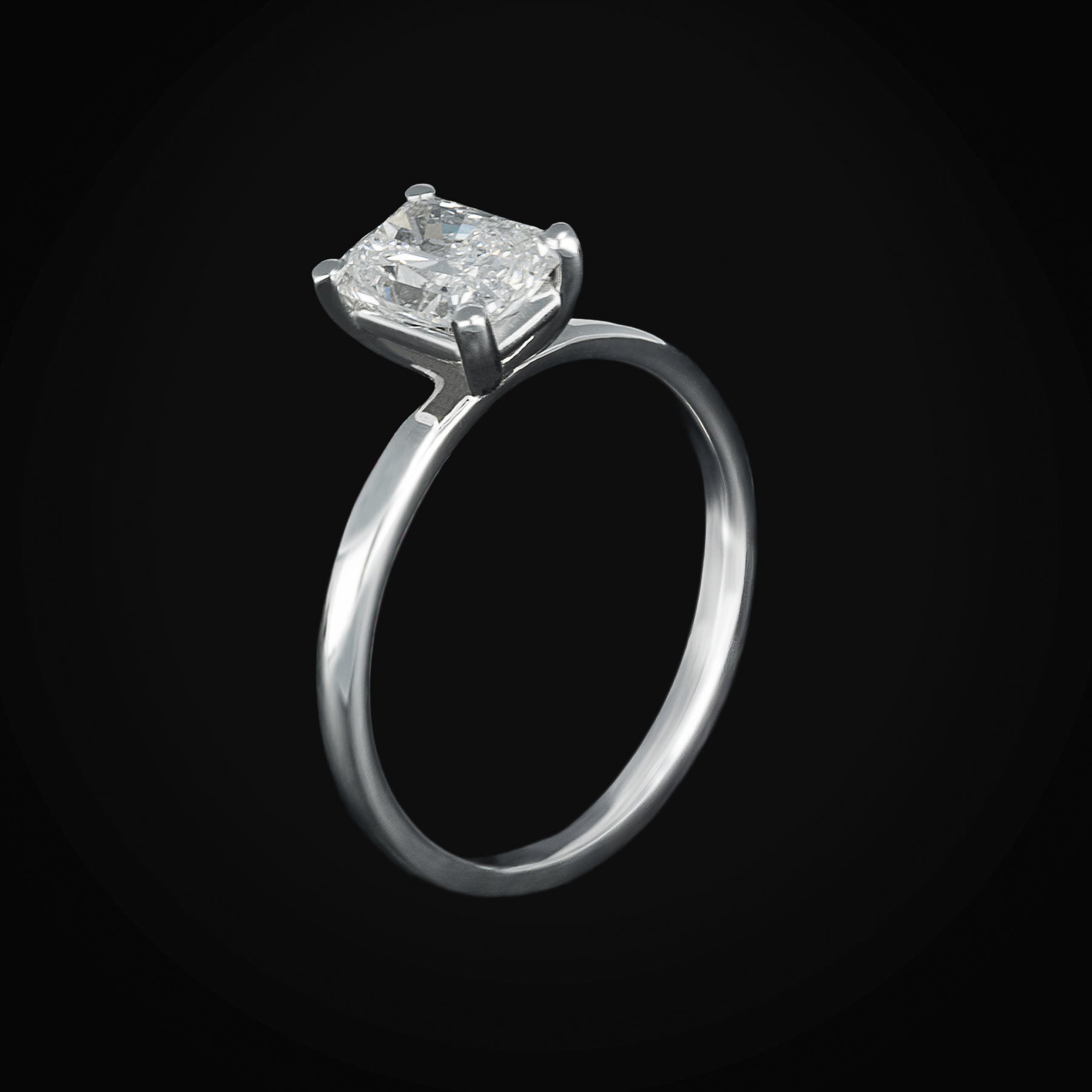 Anillo 14k Solitario Corte Esmeralda Oro Blanco con Diamantes + Estuche