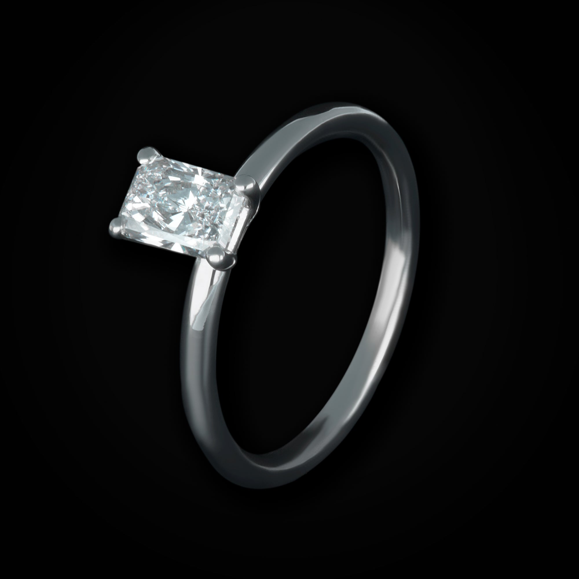 Anillo 14k Solitario Corte Esmeralda Oro Blanco con Diamantes + Estuche