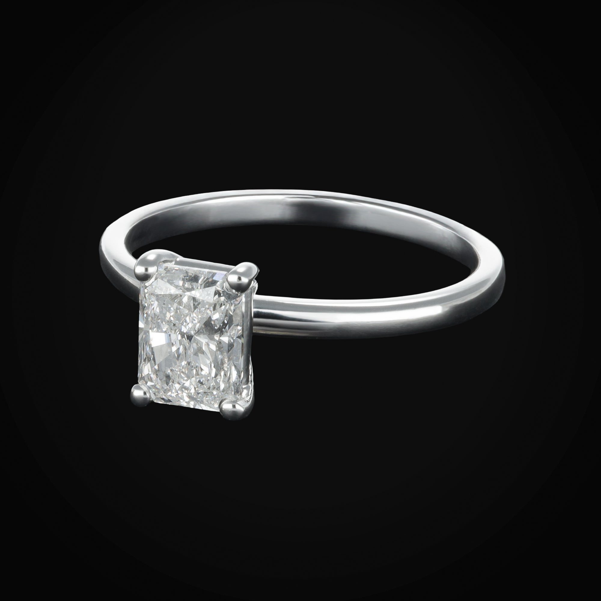 14k White Gold Emerald Cut Solitaire Ring with Diamonds + Case