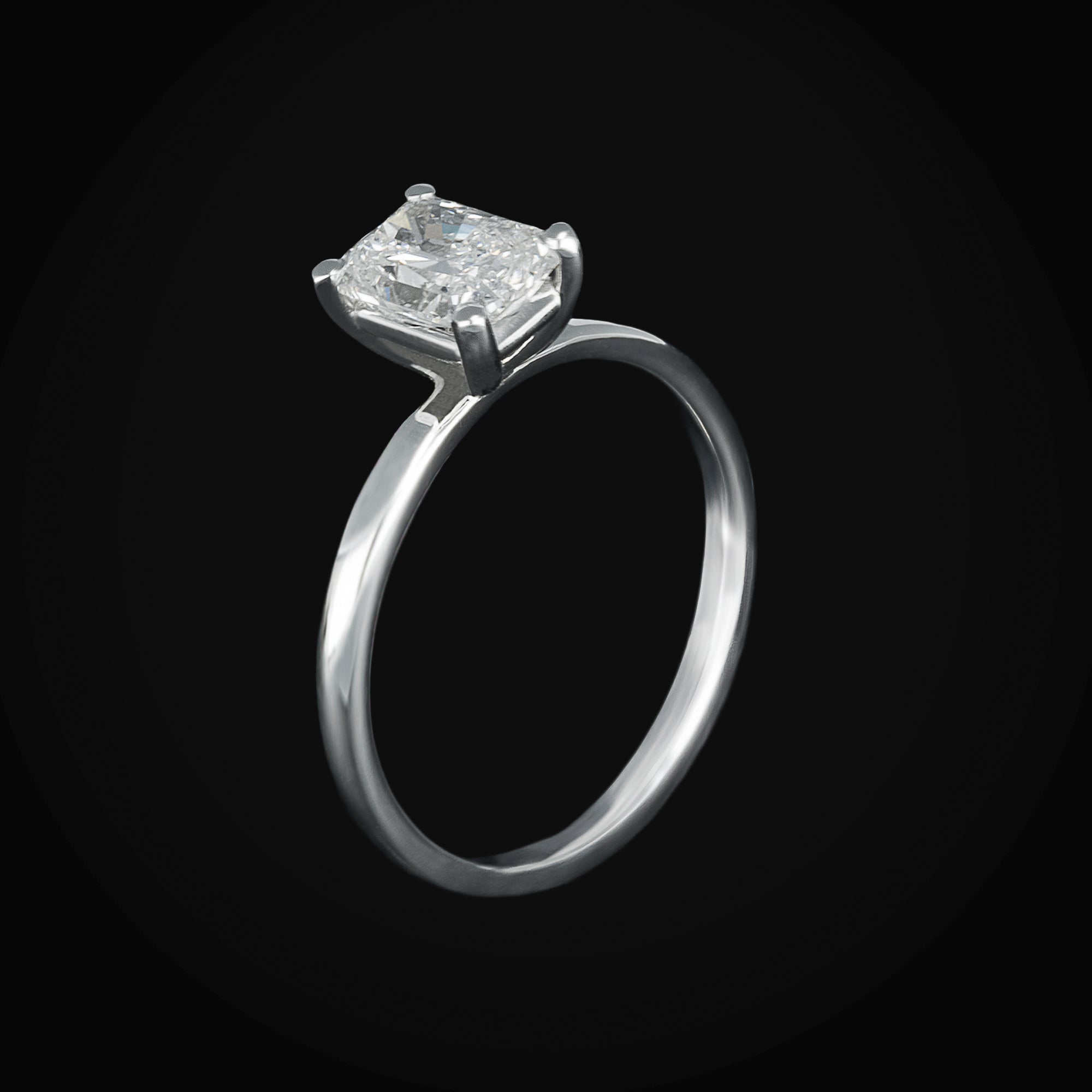 14k White Gold Emerald Cut Solitaire Ring with Diamonds + Case