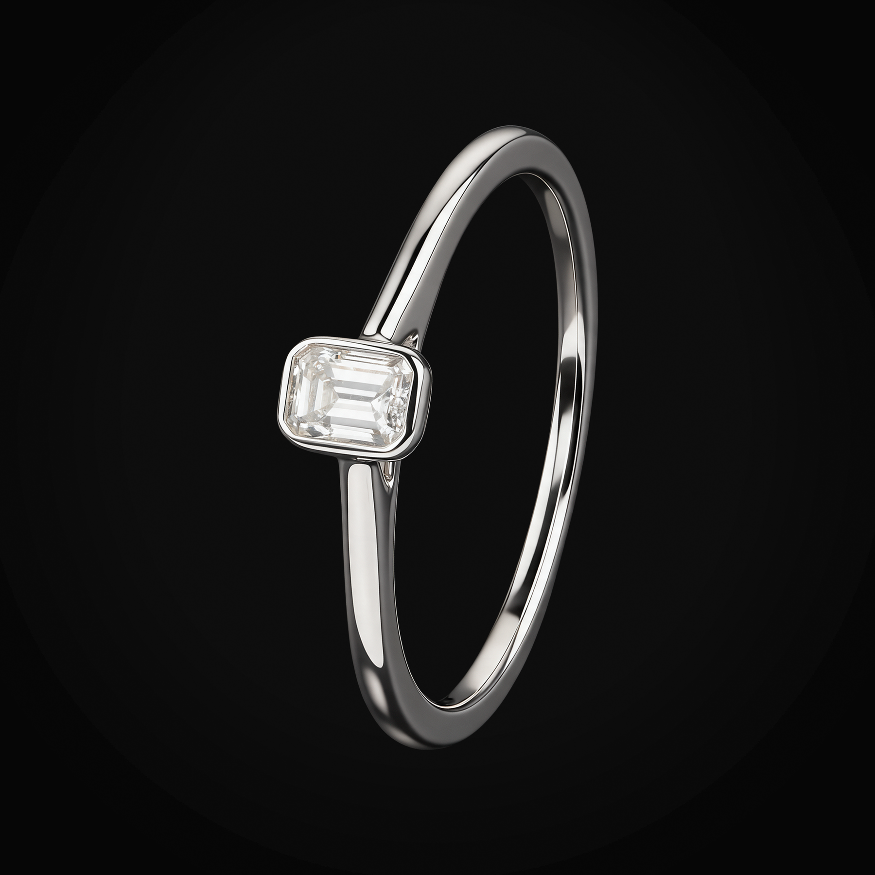 Anillo solitario de oro blanco 14K con diamante corte esmeralda 0.19 ct + estuche