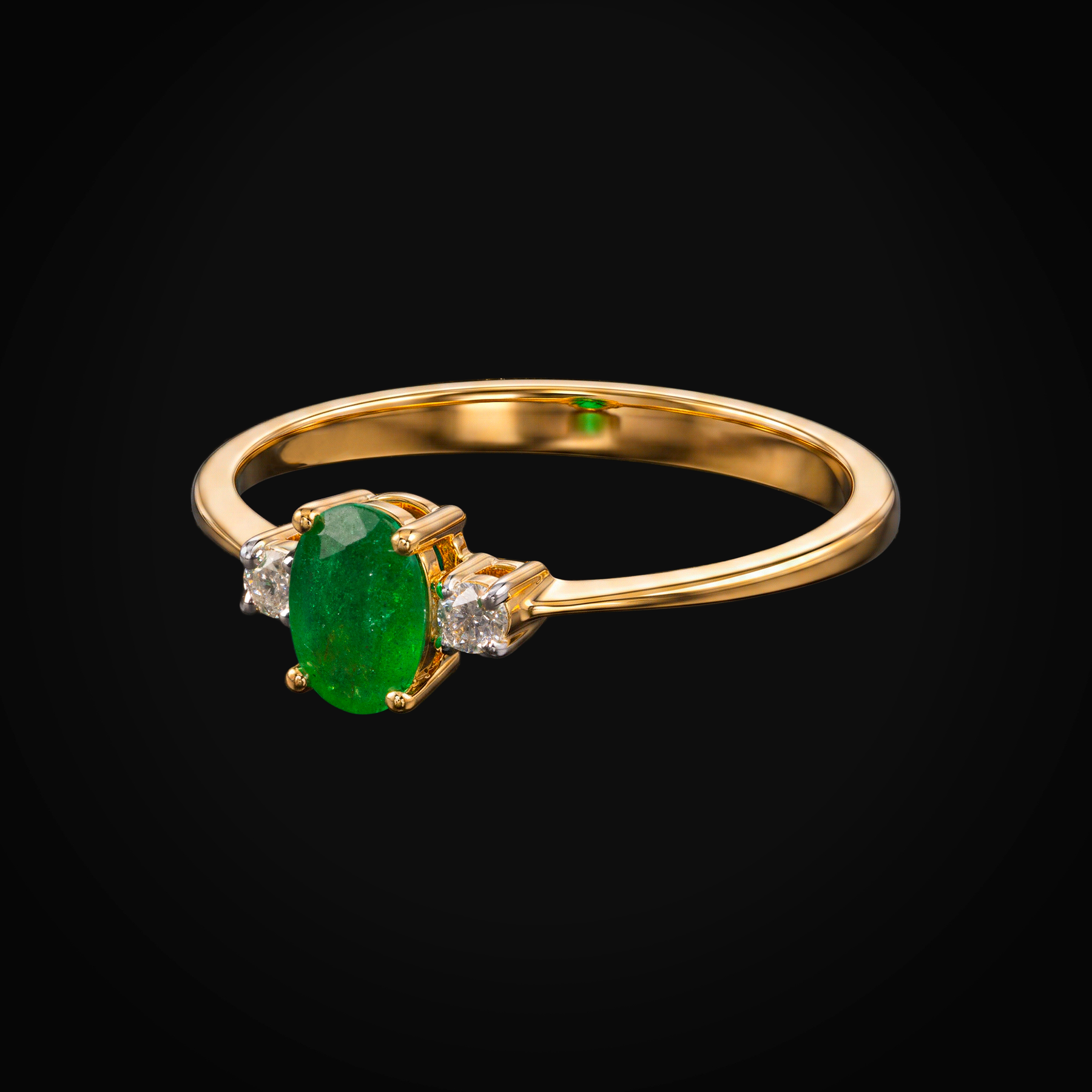 14k yellow gold ring with oval-cut emerald and 2 side diamonds + Case