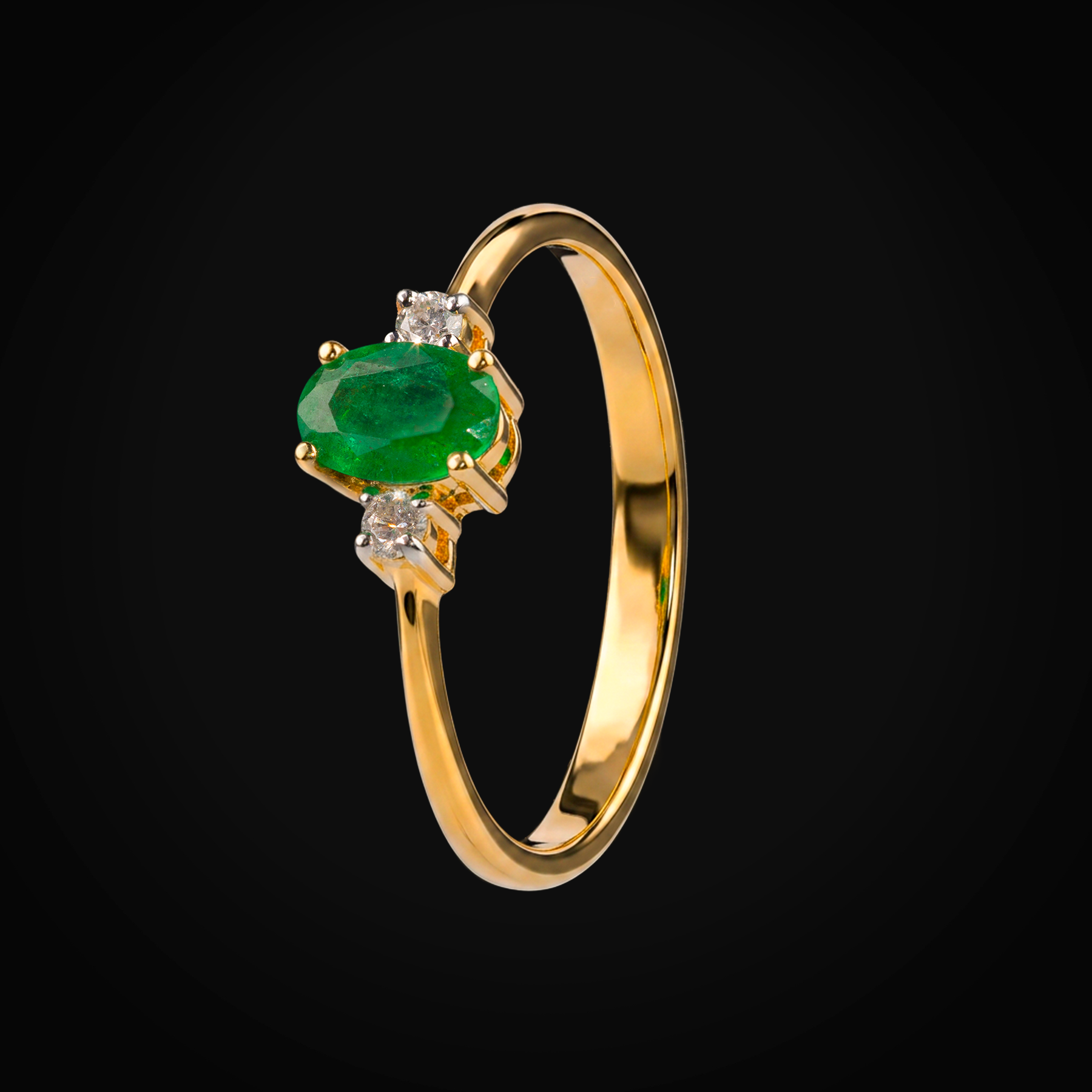 14k yellow gold ring with oval-cut emerald and 2 side diamonds + Case