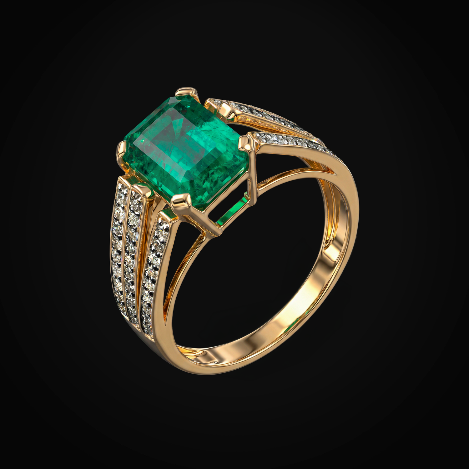 Anillo 14k Esmeralda Central Con 3 Hileras Full Ice Oro Amarillo + Estuche