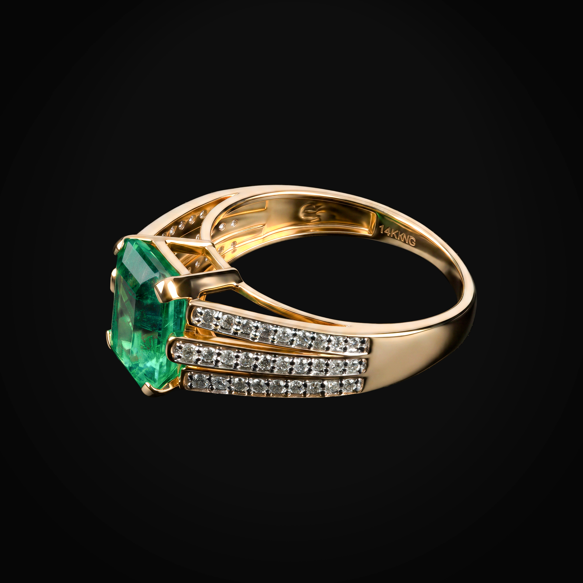 Anillo 14k Esmeralda Central Con 3 Hileras Full Ice Oro Amarillo + Estuche