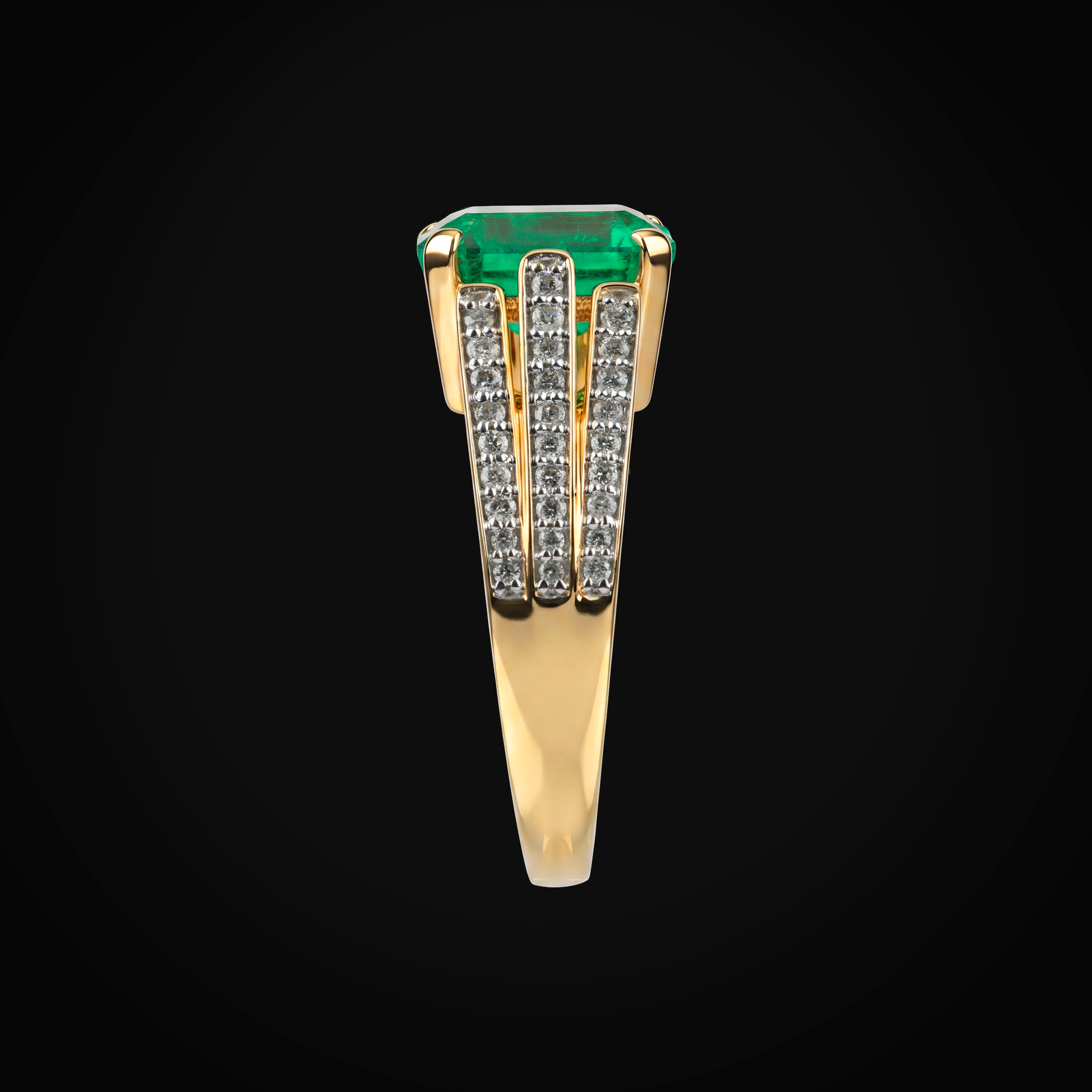 Anillo 14k Esmeralda Central Con 3 Hileras Full Ice Oro Amarillo + Estuche