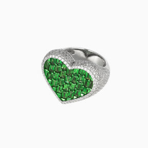 Anillo Corazón Oro Blanco 14k con Diamantes & Piedras Preciosas Color Verde
