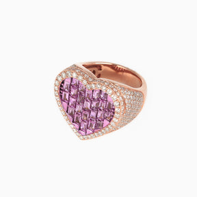 Anillo Corazón Oro Rosa 14k con Diamantes & Piedras Preciosas Color Rosa