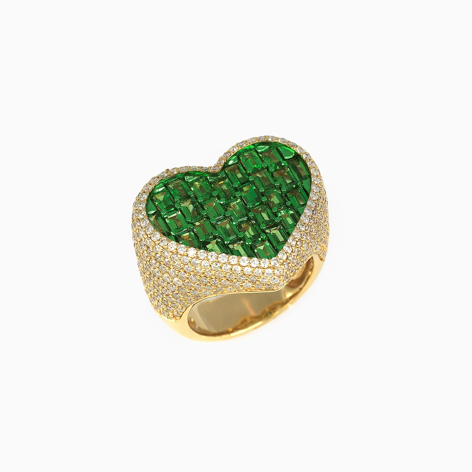 Anillo Corazón Oro Amarillo 14k con Diamantes & Piedras Preciosas Color Verde