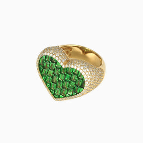 Anillo Corazón Oro Amarillo 14k con Diamantes & Piedras Preciosas Color Verde
