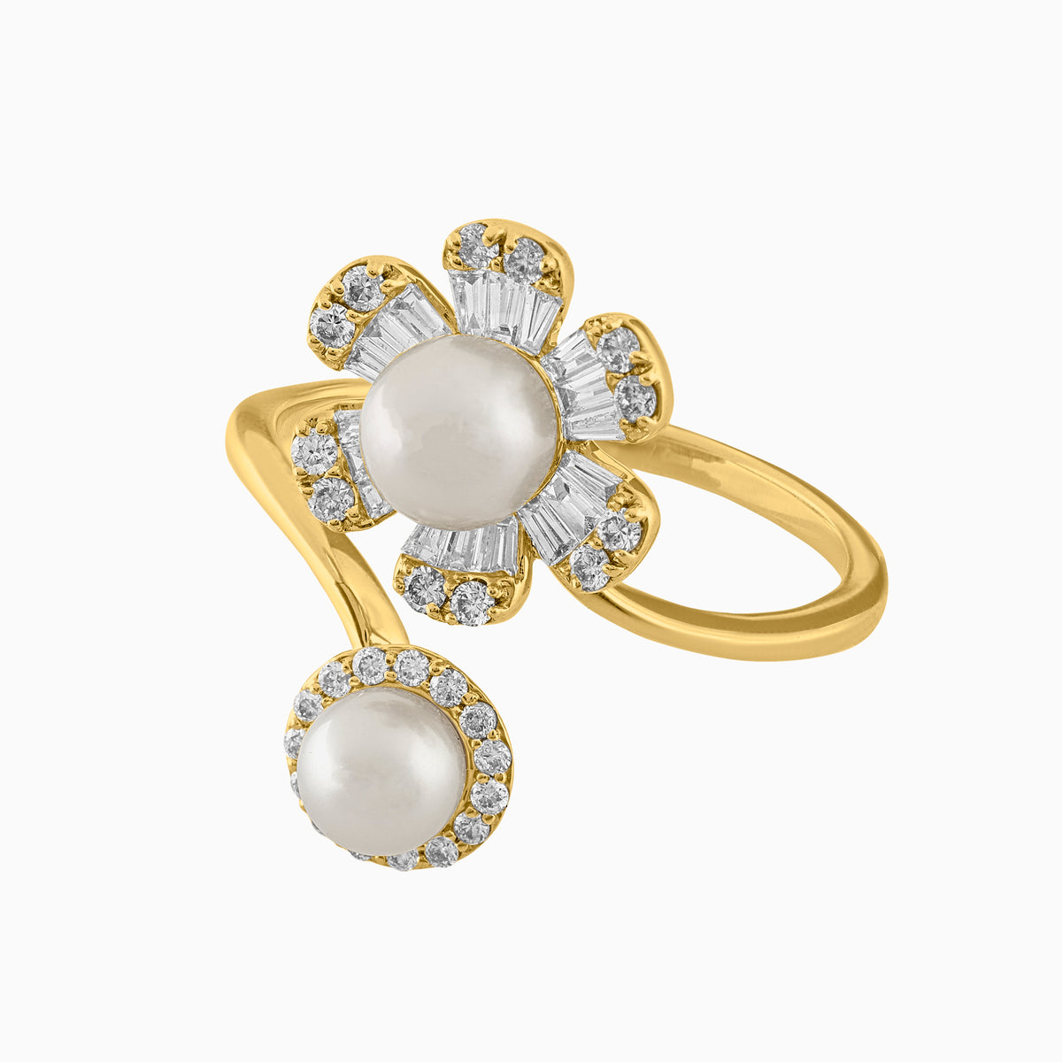Anillo flor con botón perla 14k oro con Diamantes Naturales