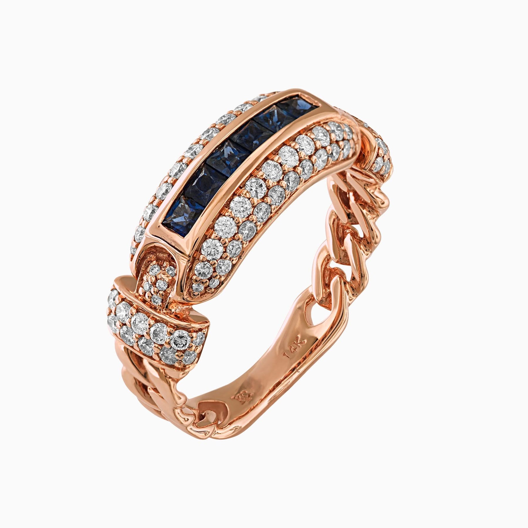 Anillo Placa Central con Zafiros Azules 14k Oro Rosa & Diamantes Naturales Redondo