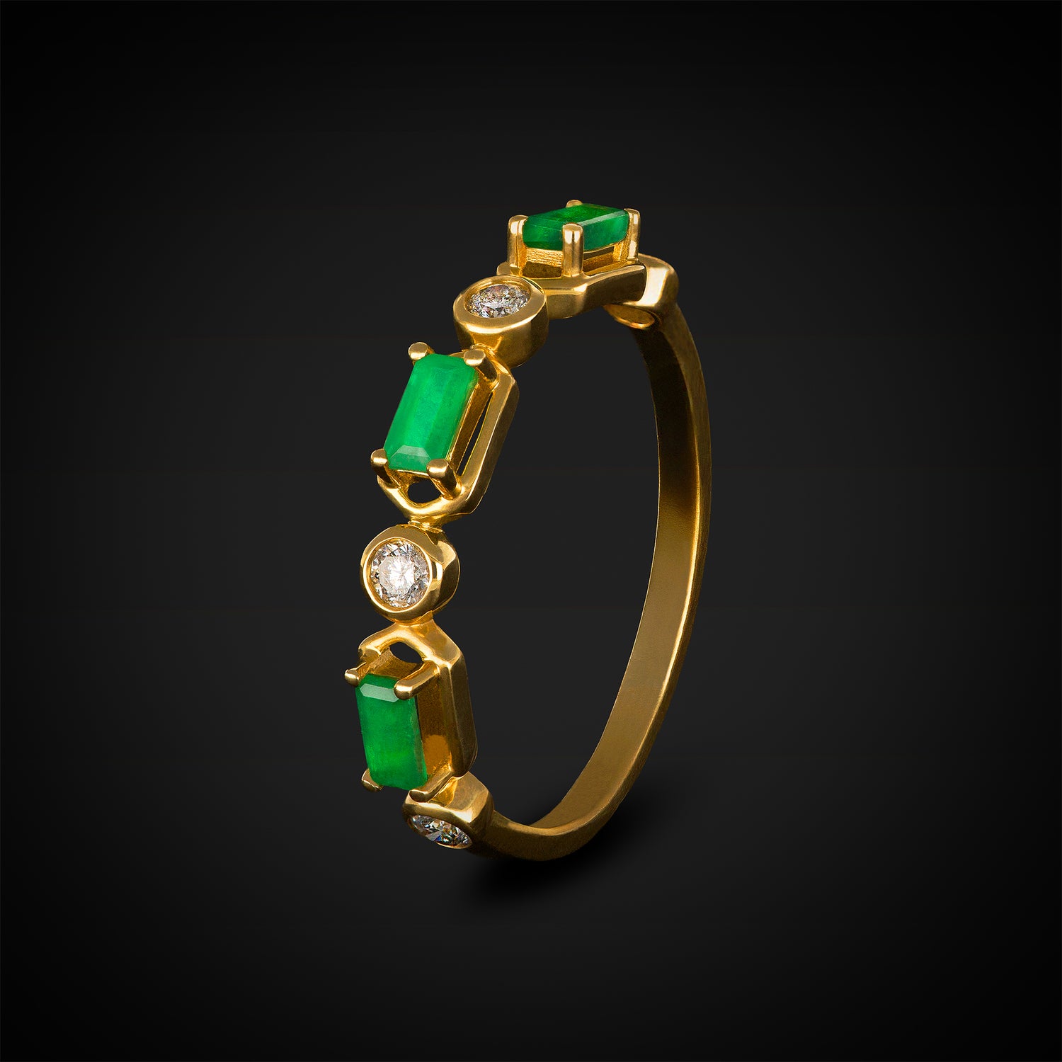 Anillo Liso Secuencia Circulo y Esmeralda 14k Oro Amarillo con Diamantes + Estuche