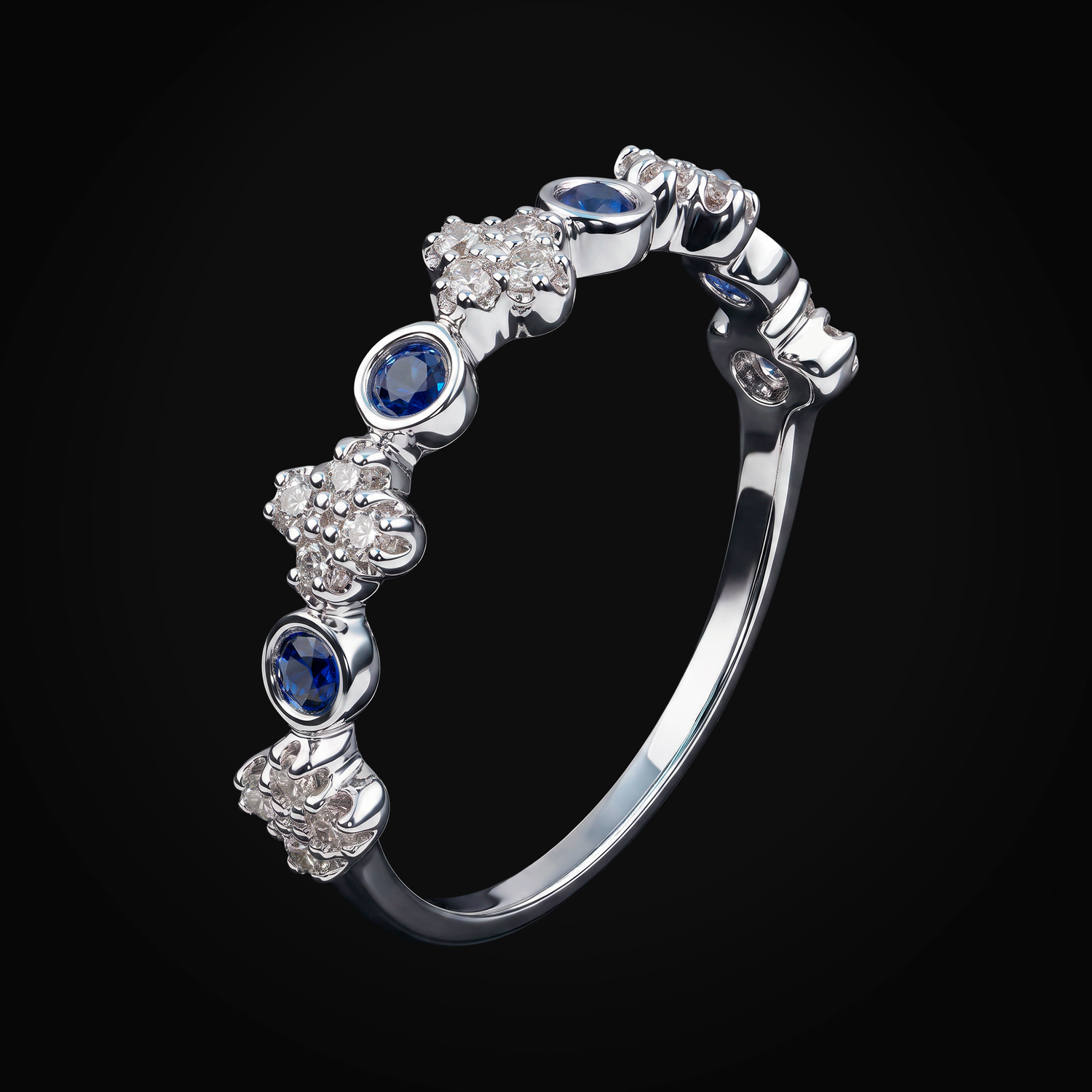 Anillo Liso Secuencia Treboles Full Ice Y Circulos Con Zafiros Azules Oro Blanco 14k + Estuche