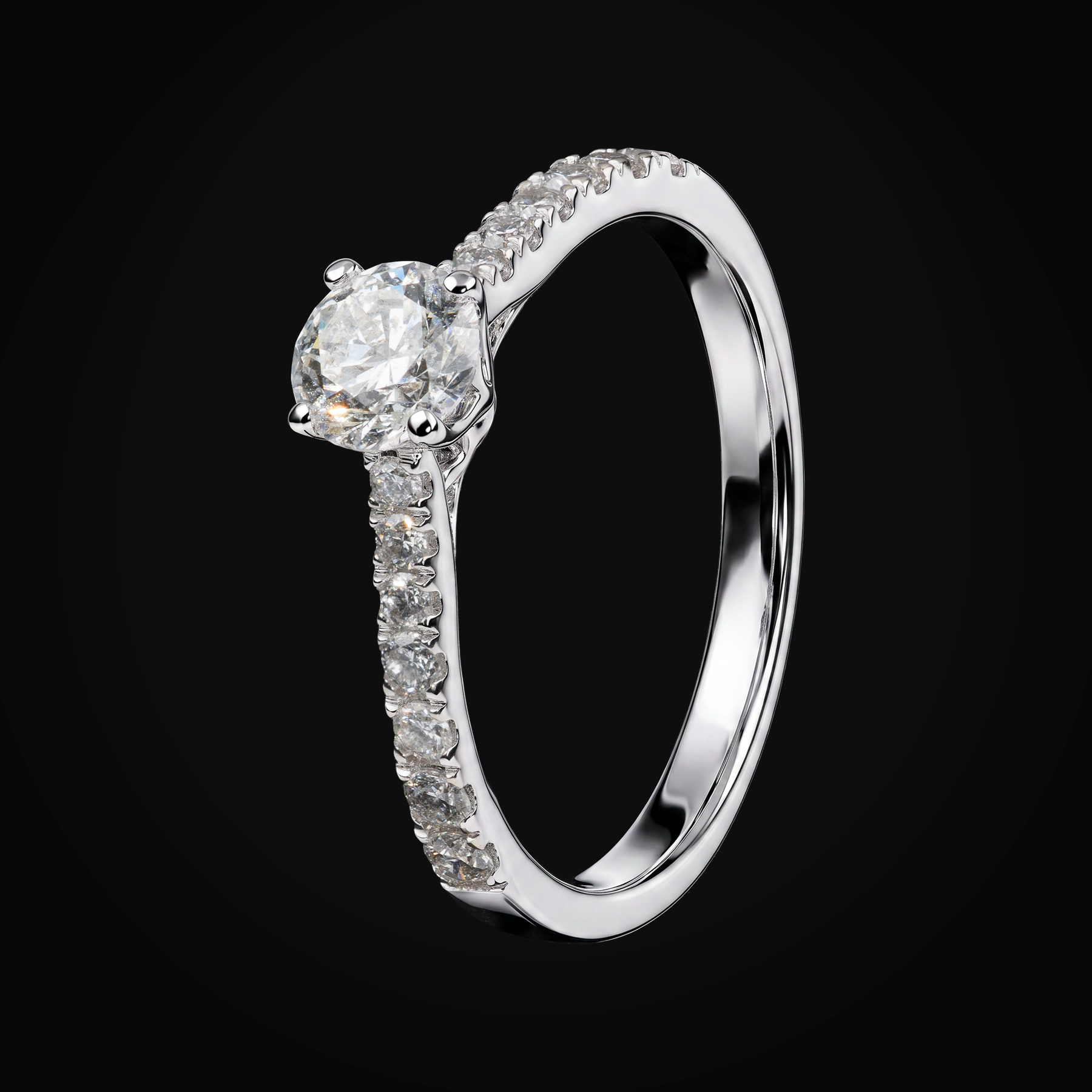 Anillo 14k Con Diamante Central Laterales Full Ice Oro Blanco + Estuche