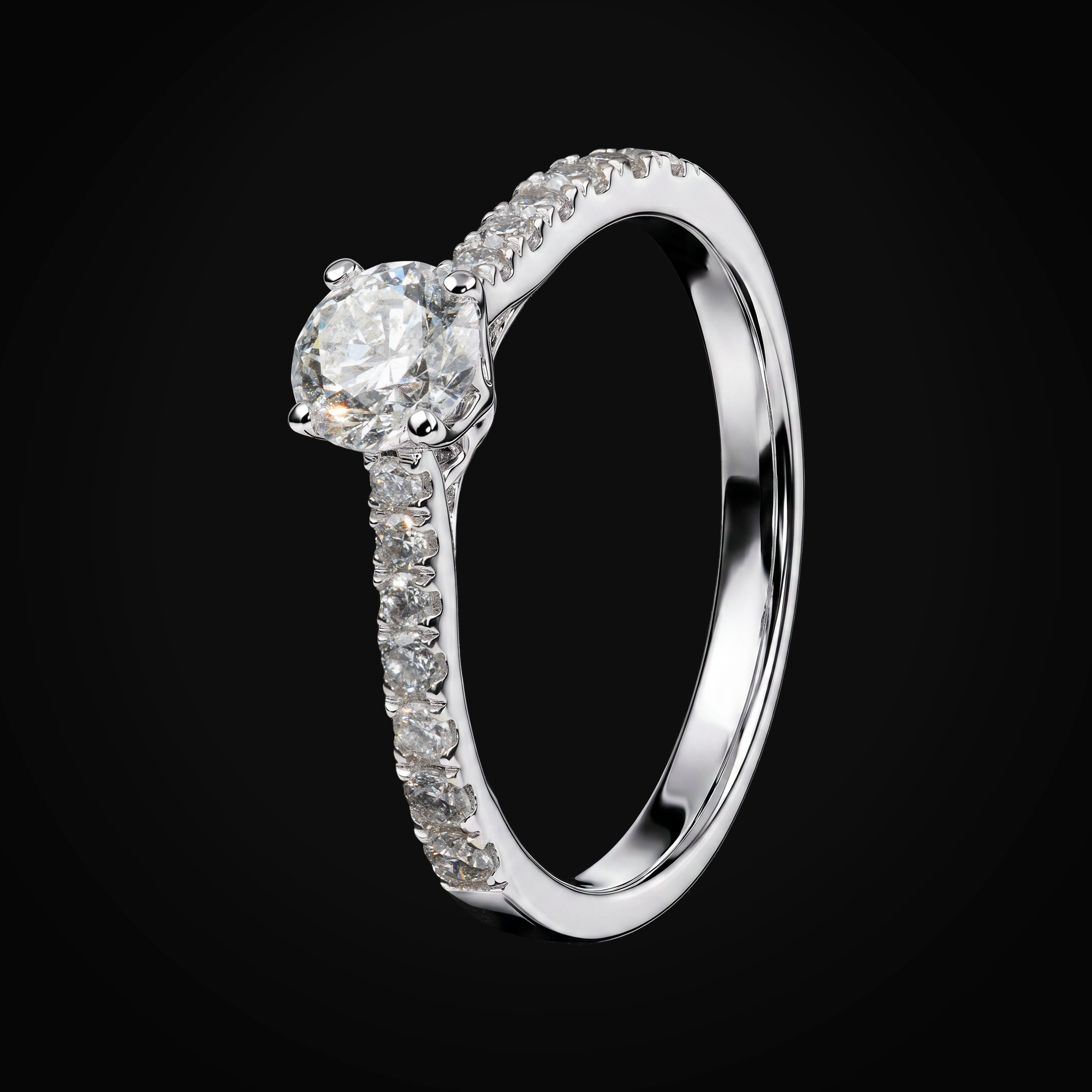 Anillo 14k Con Diamante Central Laterales Full Ice Oro Blanco + Estuche