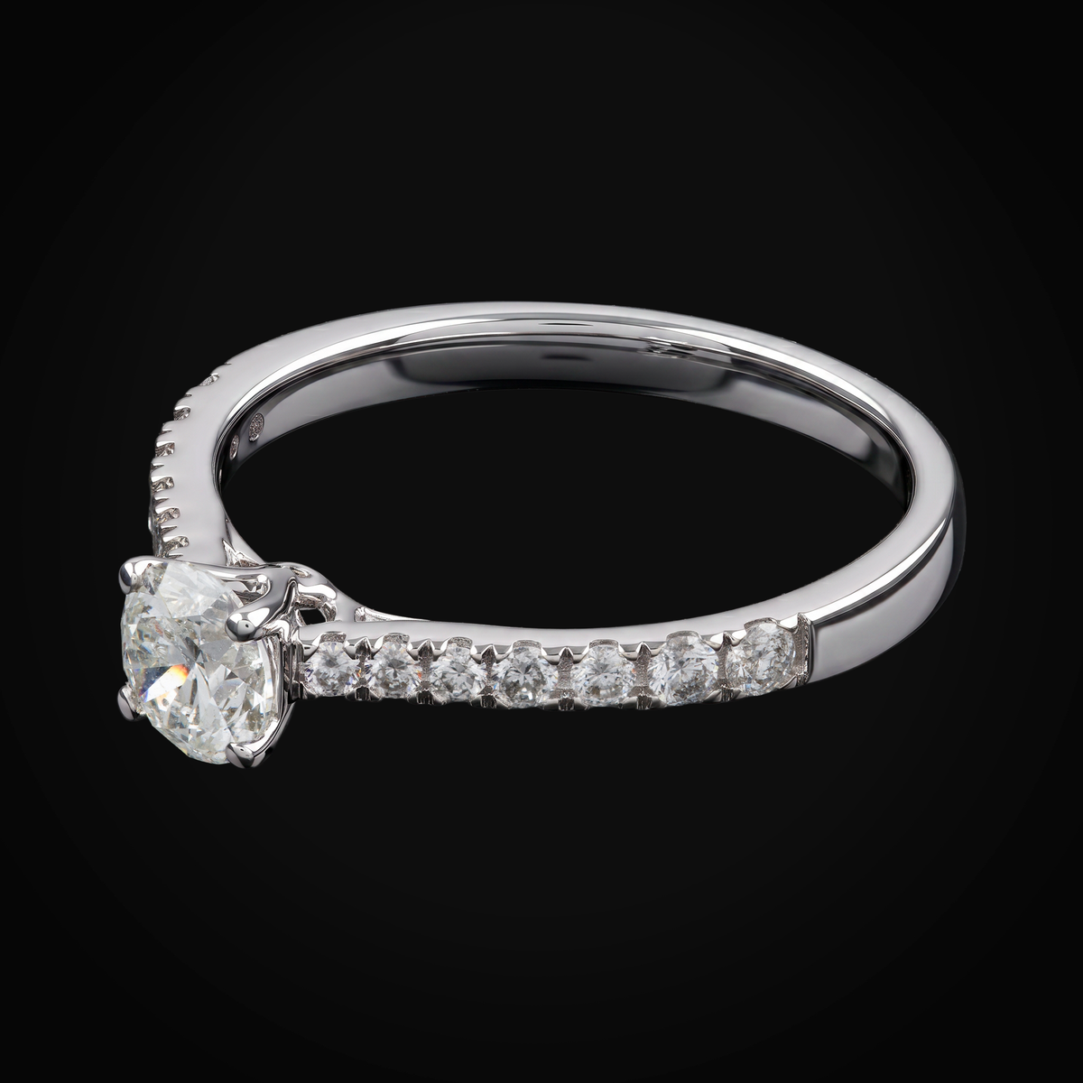 Anillo 14k Con Diamante Central Laterales Full Ice Oro Blanco + Estuche