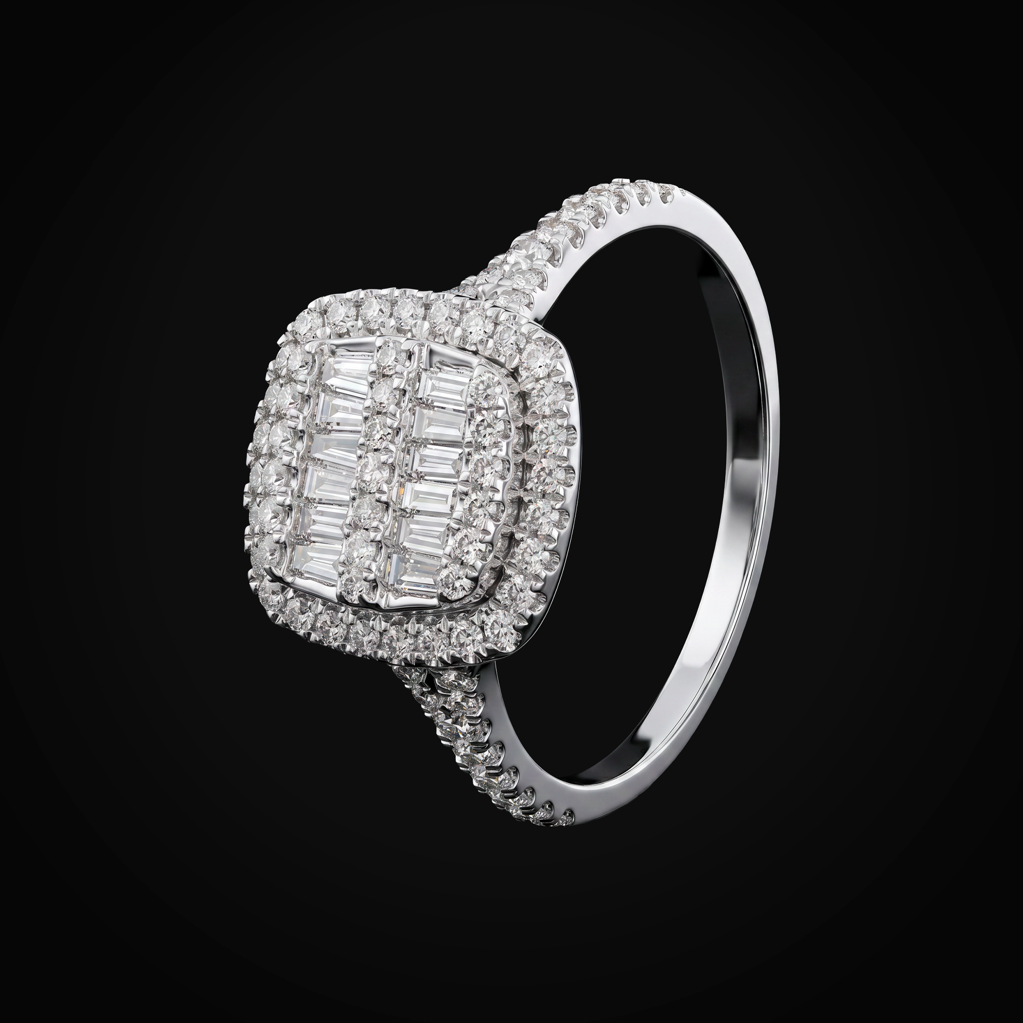 Anillo 14k Cuadrado Central Y Laterales Full Ice Oro Blanco + Estuche