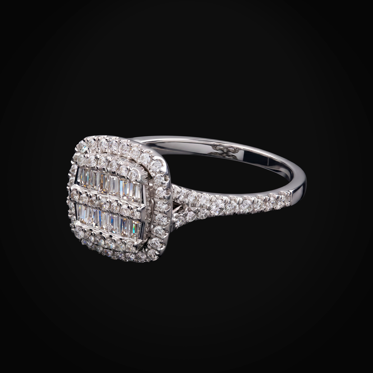 Anillo 14k Cuadrado Central Y Laterales Full Ice Oro Blanco + Estuche