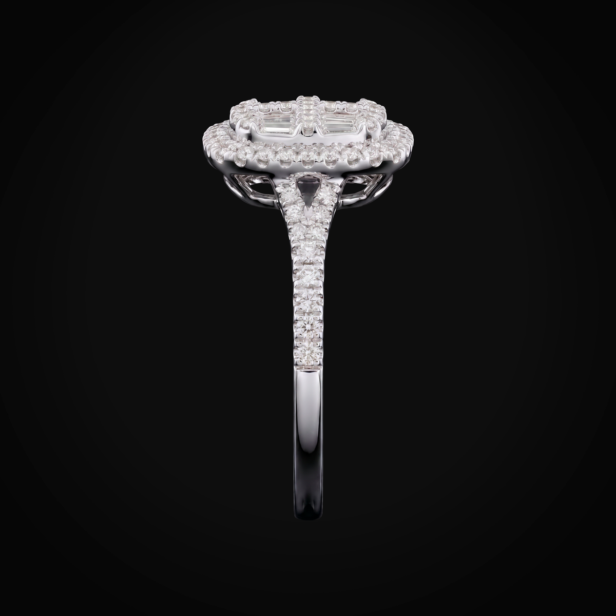 Anillo 14k Cuadrado Central Y Laterales Full Ice Oro Blanco + Estuche