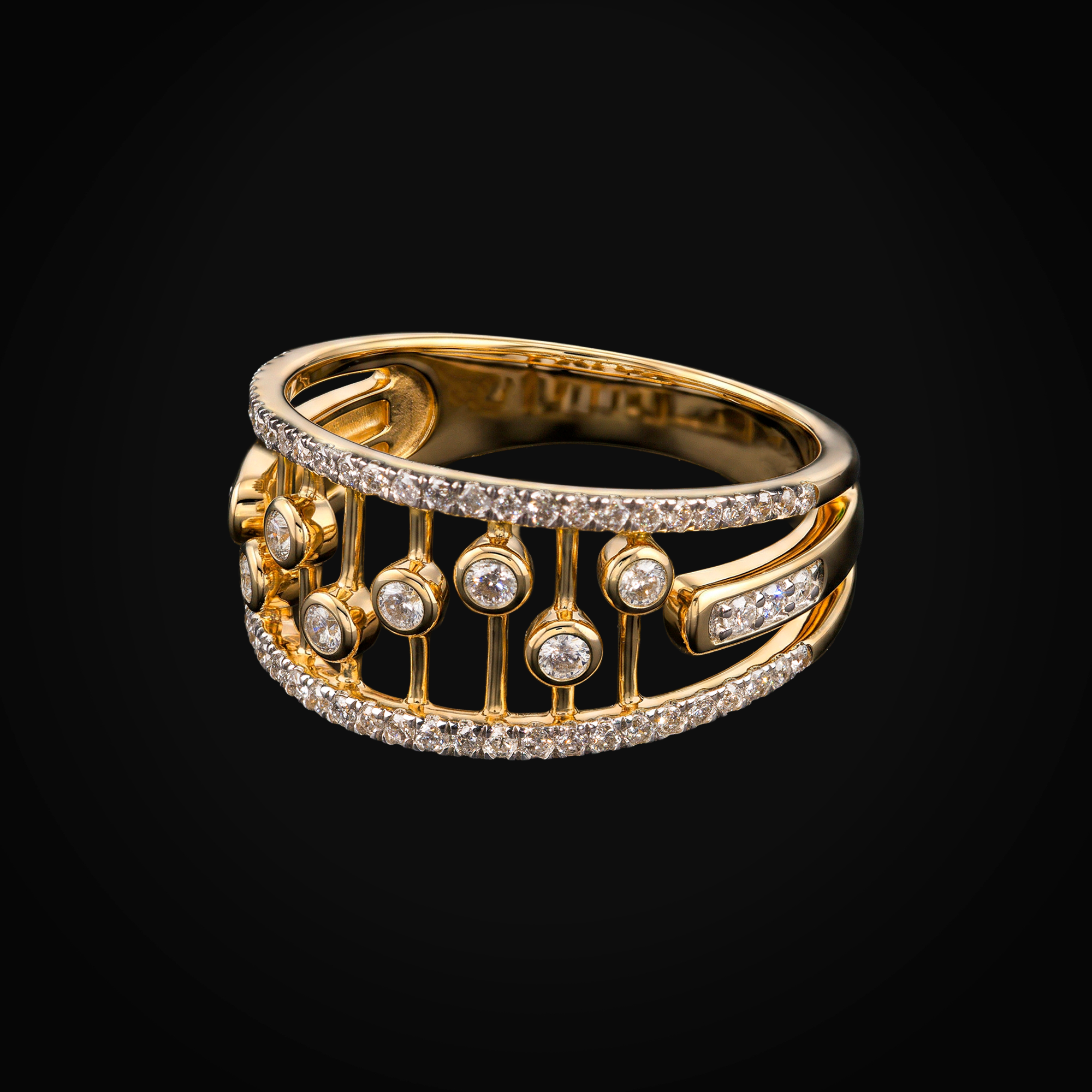 Anillo 14k 7 biseles full ice oro amarillo 0.42 diamantes de mina corte brillante + Estuch | anillo de oro | Maestros Joyeros