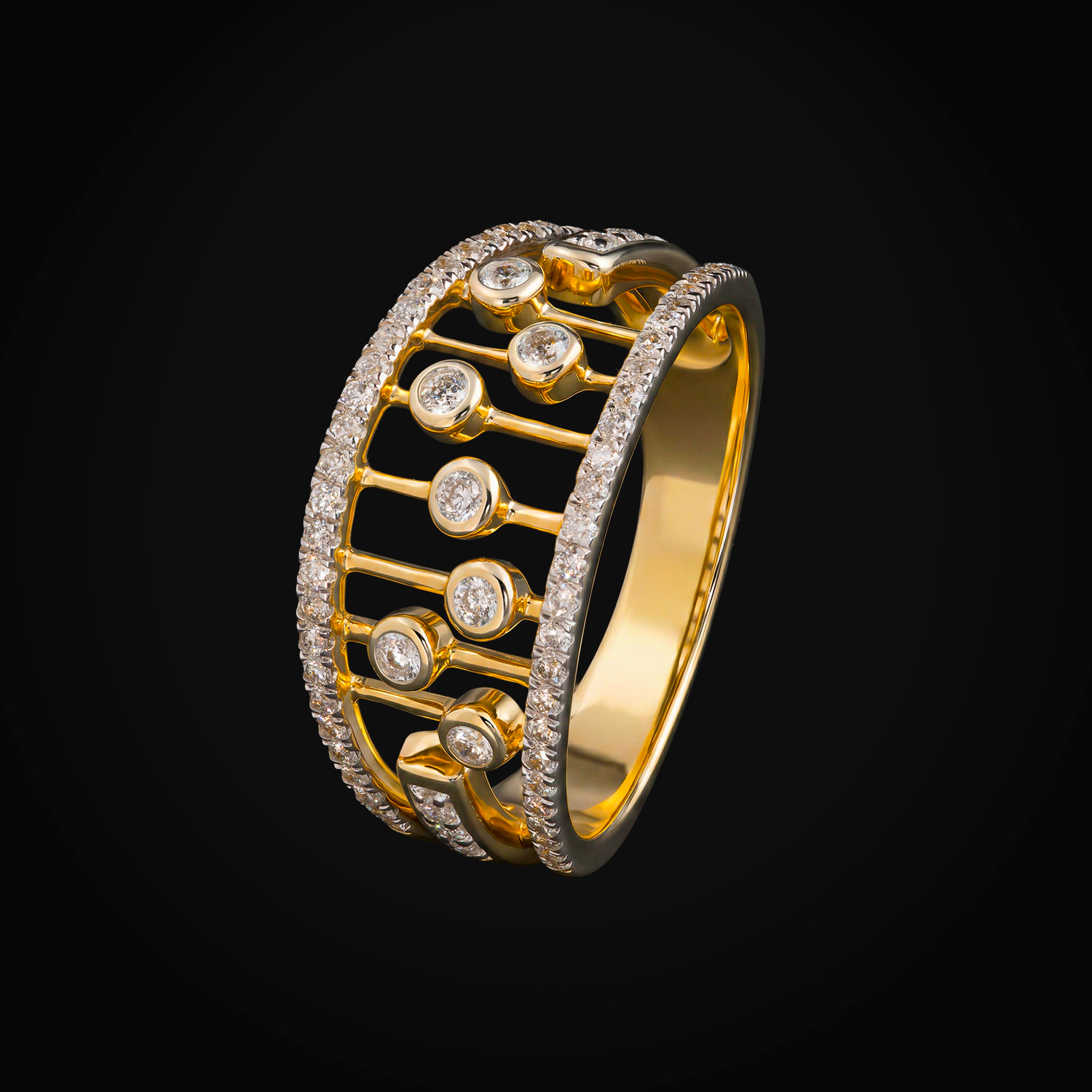 14k 7-bezel full ice yellow gold ring 0.42 brilliant-cut mine diamonds + Case