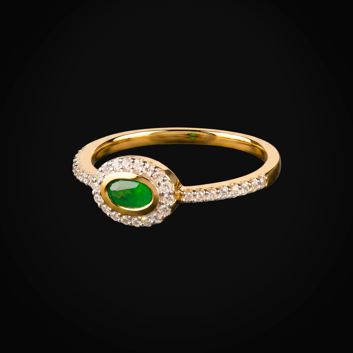 14k yellow gold ring with oval-cut emerald center, full ice sides with brilliant-cut mined diamonds + Case