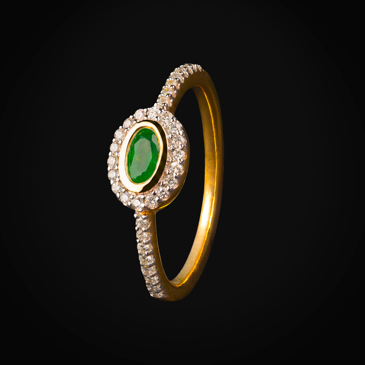 14k yellow gold ring with oval-cut emerald center, full ice sides with brilliant-cut mined diamonds + Case