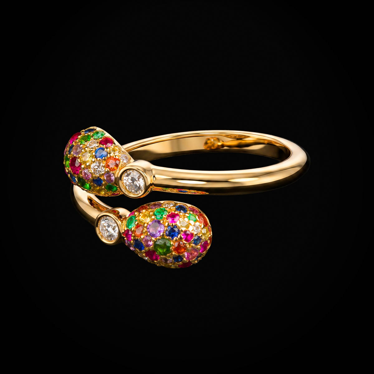 Anillo 2 huevos fabergé con rubís, esmeraldas & zafiros oro amarillo 18k