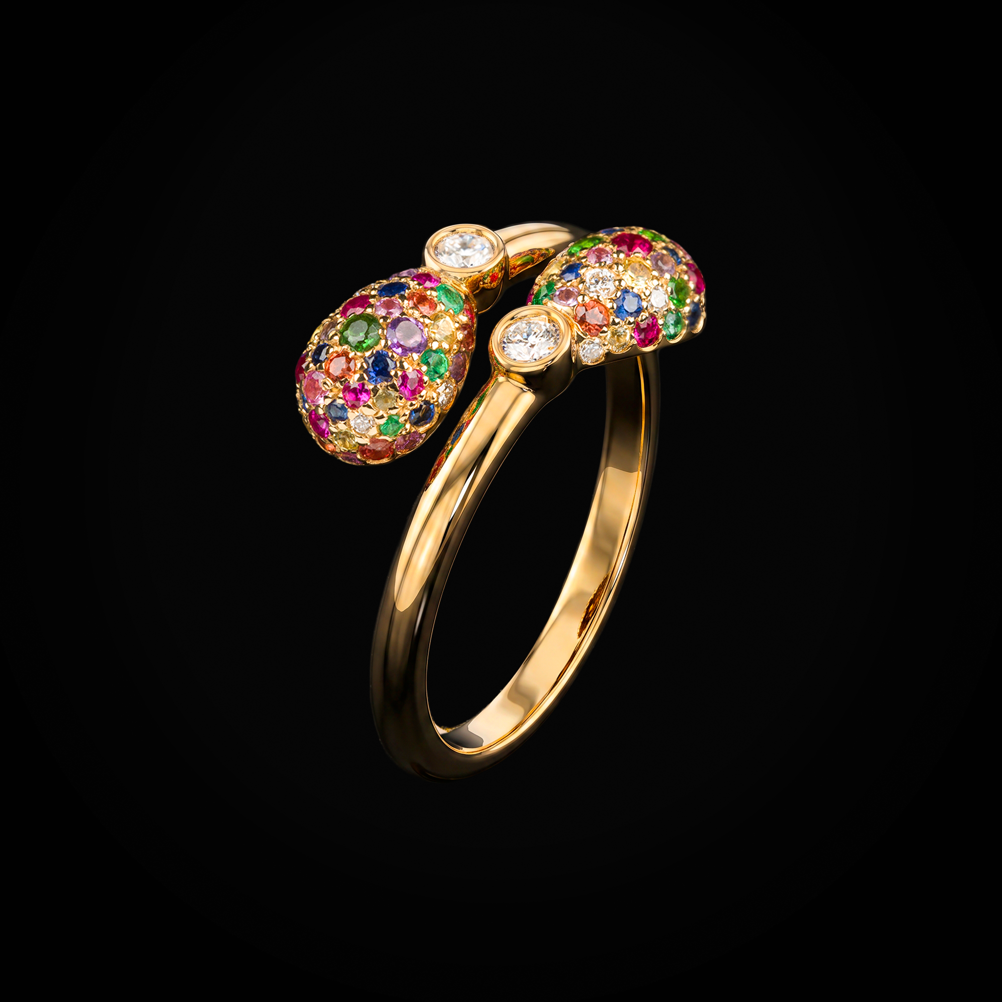 Anillo 2 huevos fabergé con rubís, esmeraldas & zafiros oro amarillo 18k