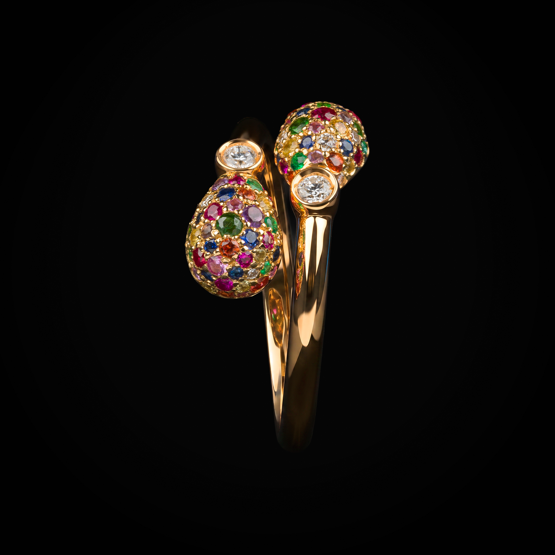 Anillo 2 huevos fabergé con rubís, esmeraldas & zafiros oro amarillo 18k